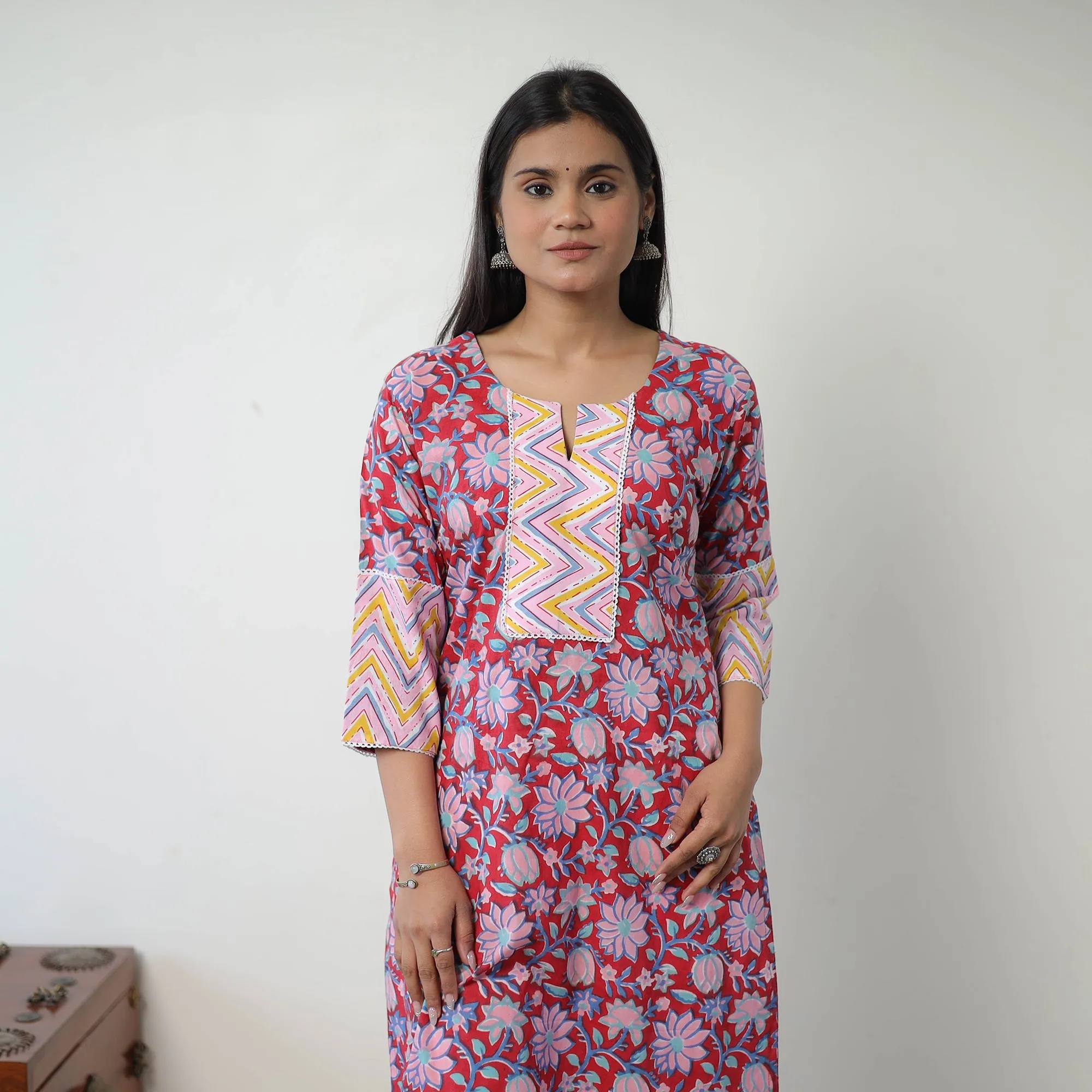 Red - Block Print Cotton Straight Sanganeri Kurta 18 sold by Itokri