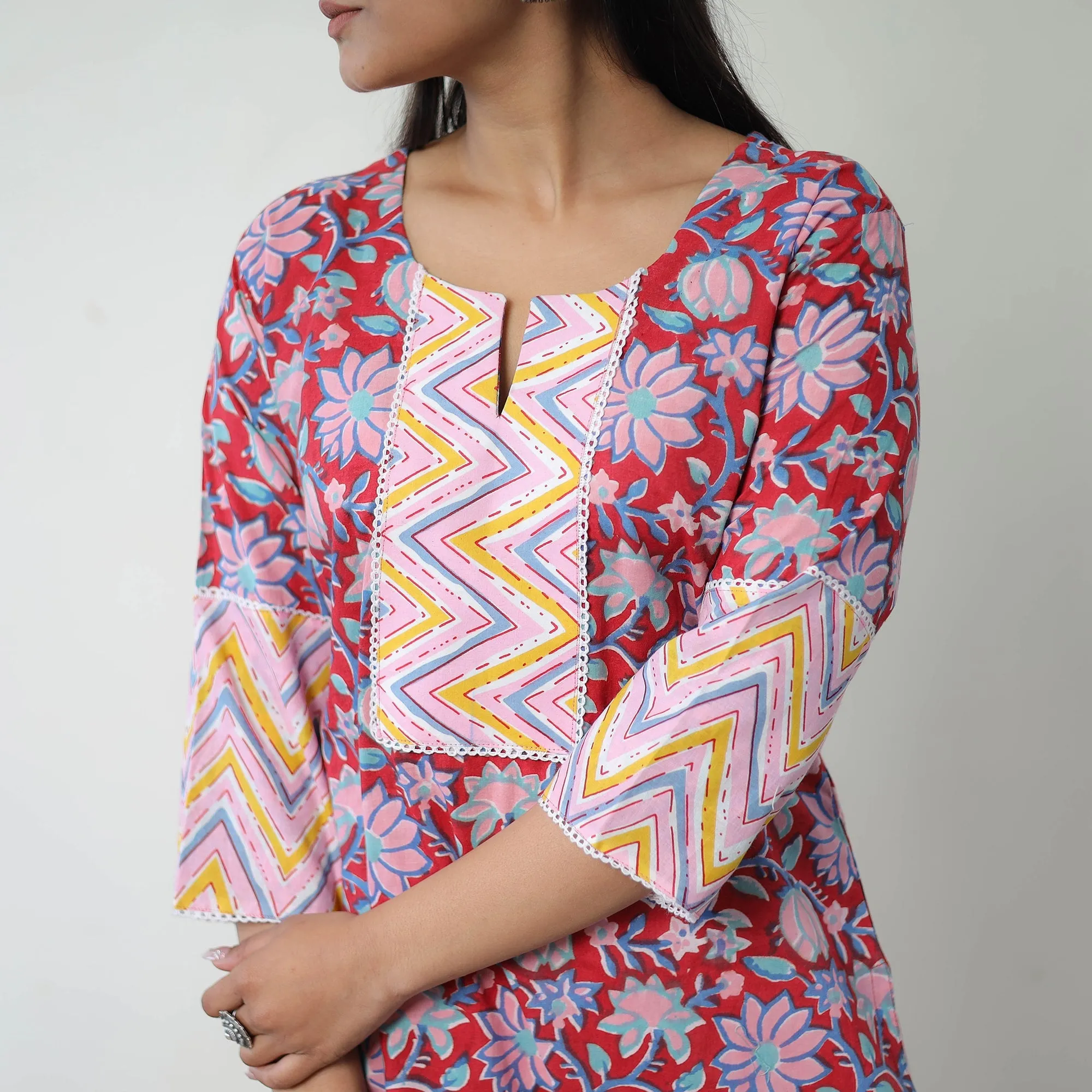 Red - Block Print Cotton Straight Sanganeri Kurta 18 sold by Itokri product image thumbnail 4