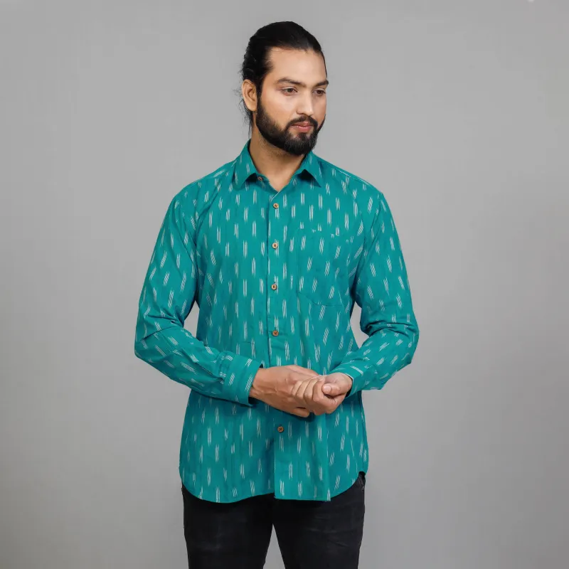 Green - Pochampally Ikat Cotton Men Full Sleeve Shirt sold by Itokri