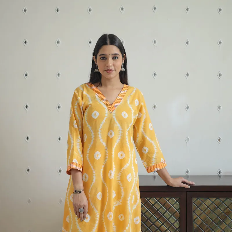 Yellow - A-Line Tie & Dye Cotton Shibori Kurta 06 sold by Itokri