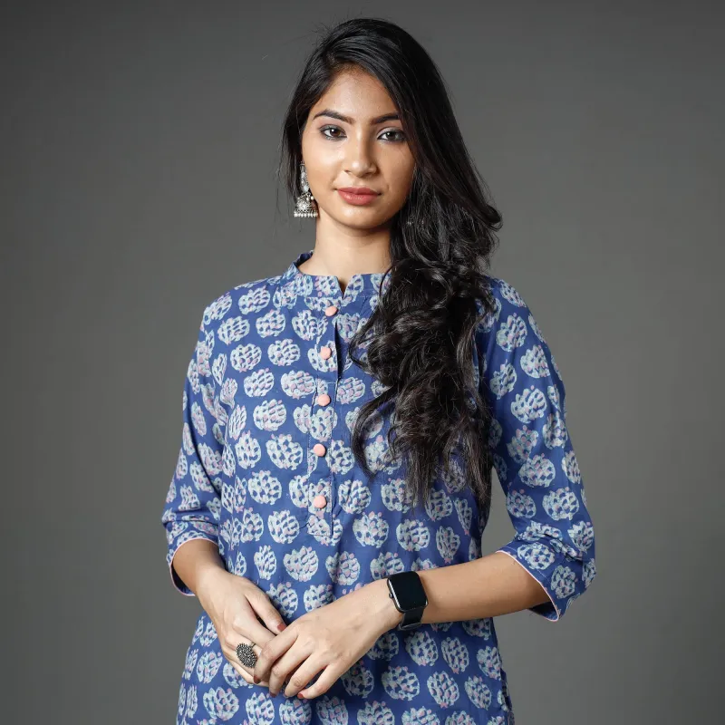 Blue - Akola Block Printed Cotton Long Straight Kurta sold by Itokri