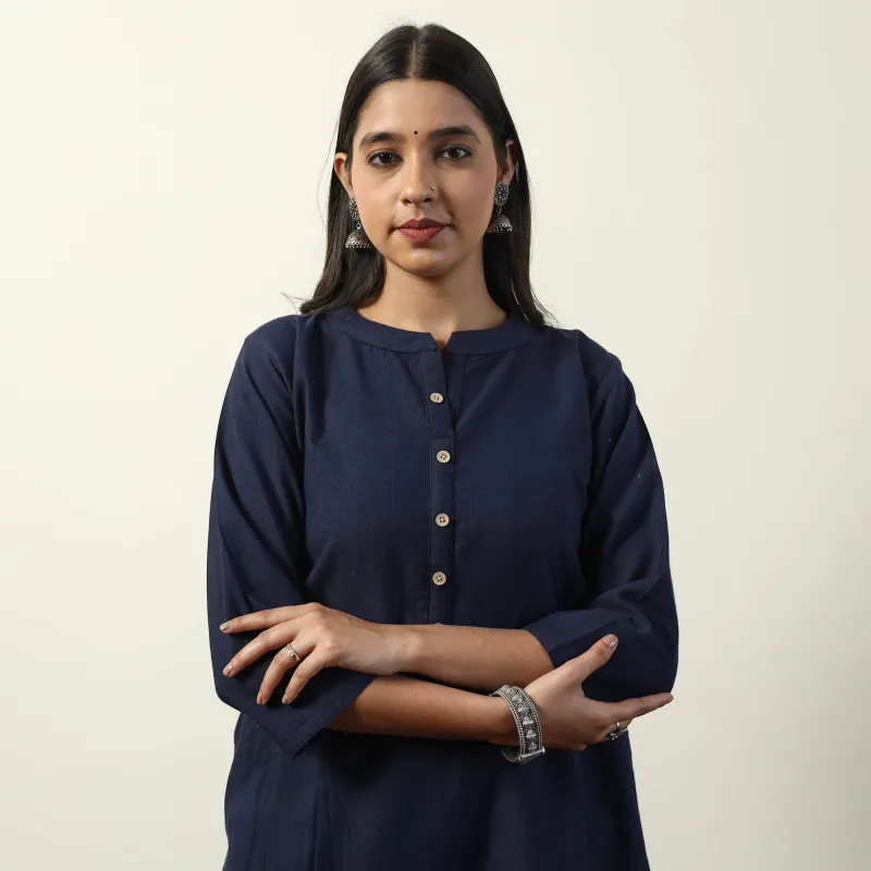 Navy Blue - Jhiri Handloom Cotton Straight Long Kurta made by Itokri
