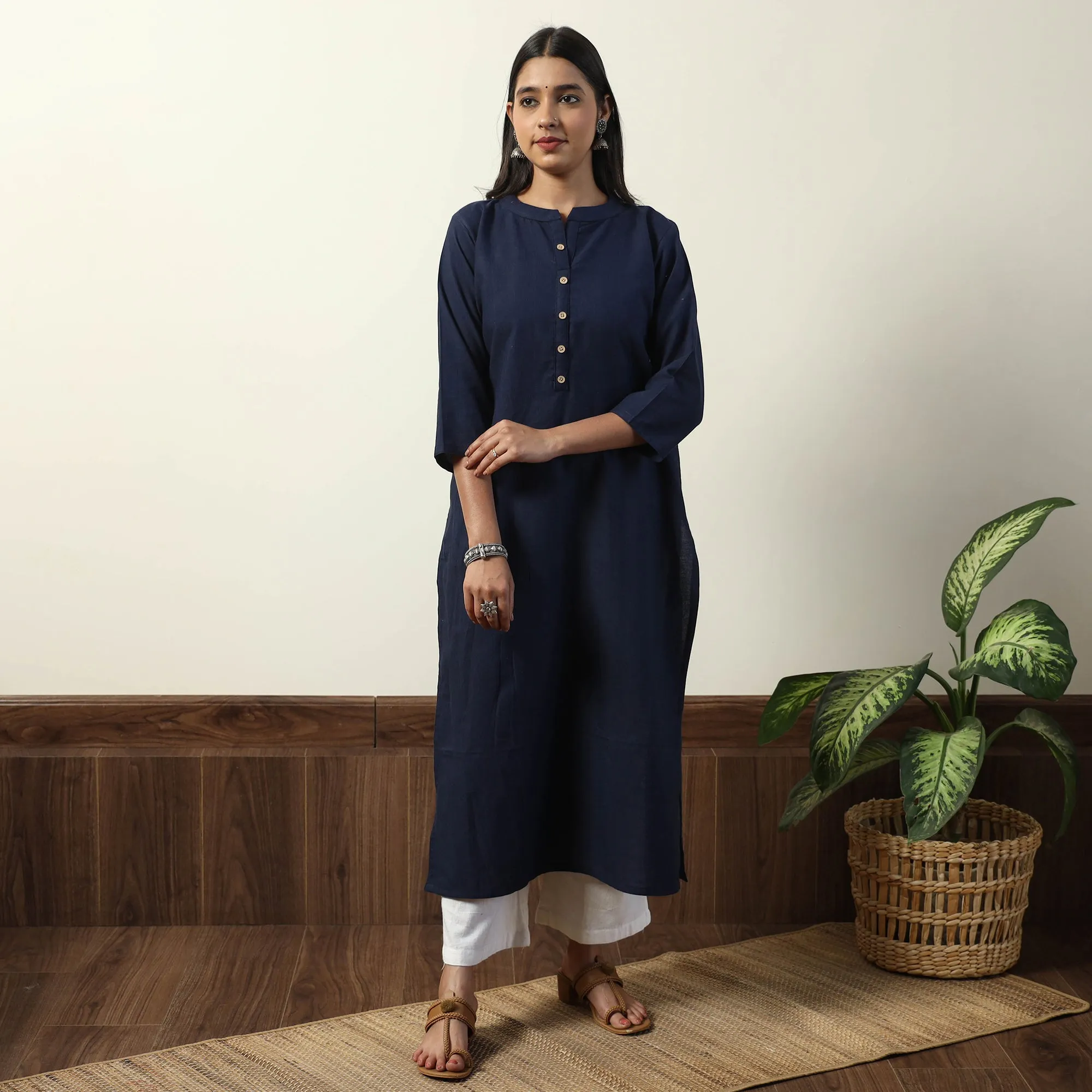 Navy Blue - Jhiri Handloom Cotton Straight Long Kurta sold by Itokri product image thumbnail 3