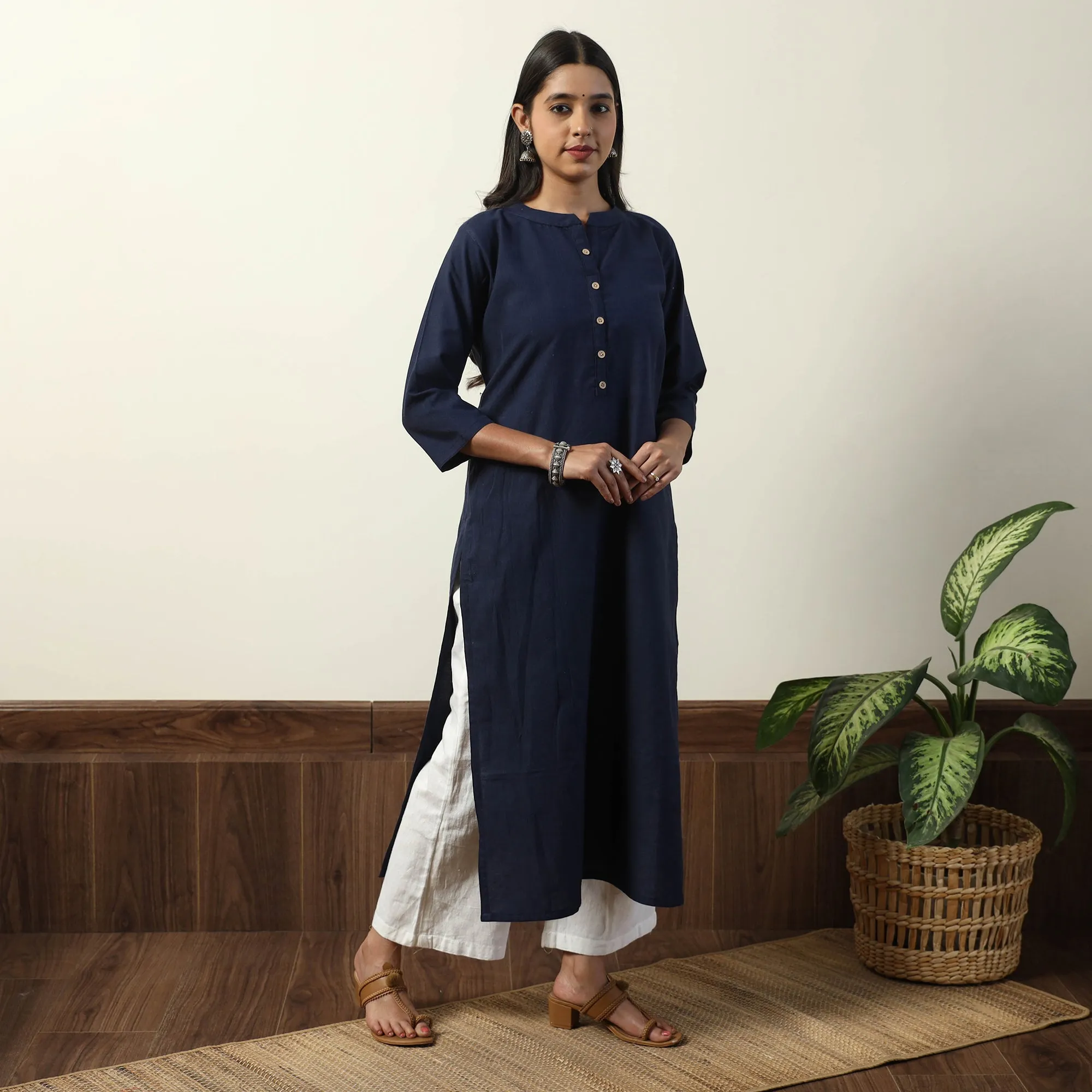 Navy Blue - Jhiri Handloom Cotton Straight Long Kurta sold by Itokri product image thumbnail 2