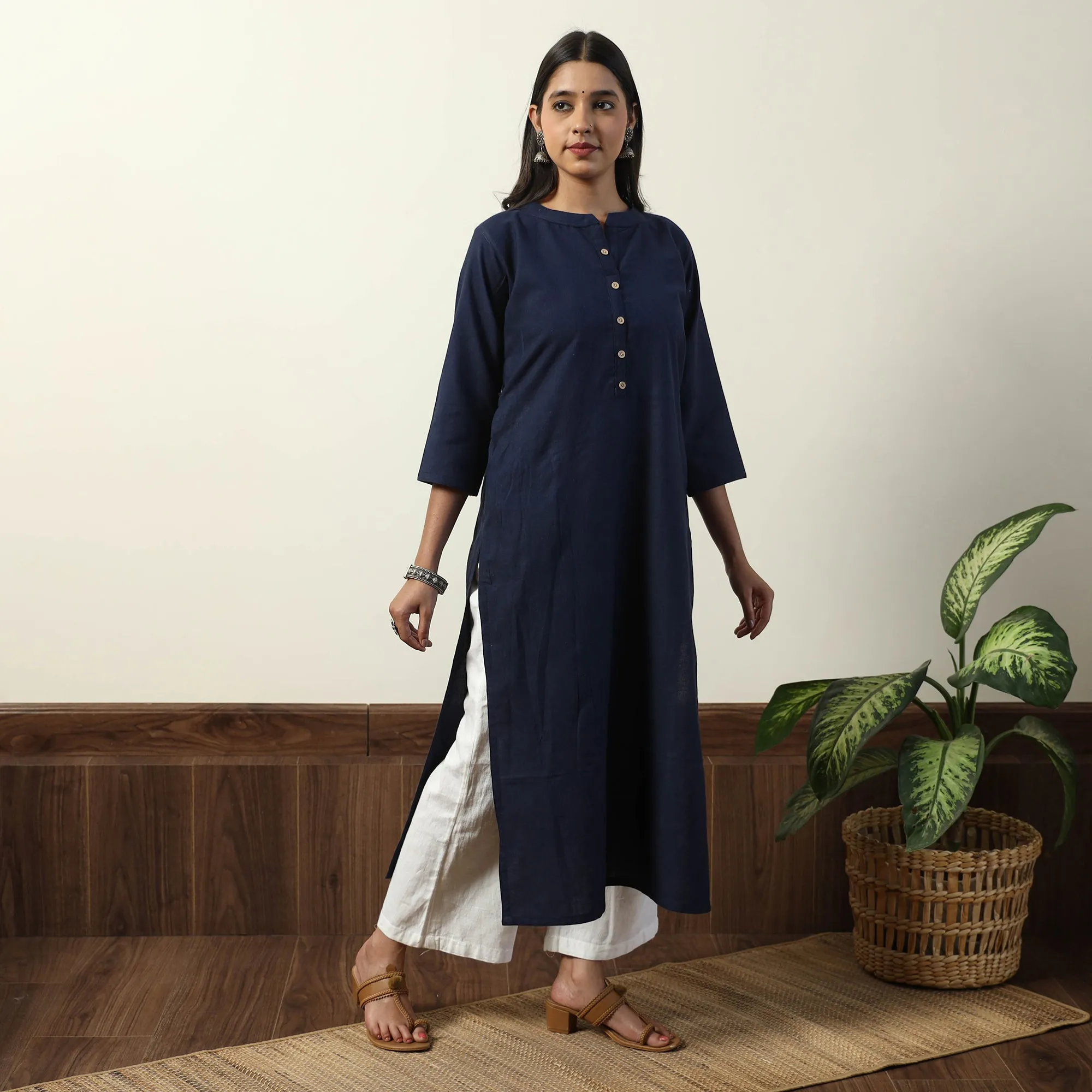 Navy Blue - Jhiri Handloom Cotton Straight Long Kurta sold by Itokri product image thumbnail 4