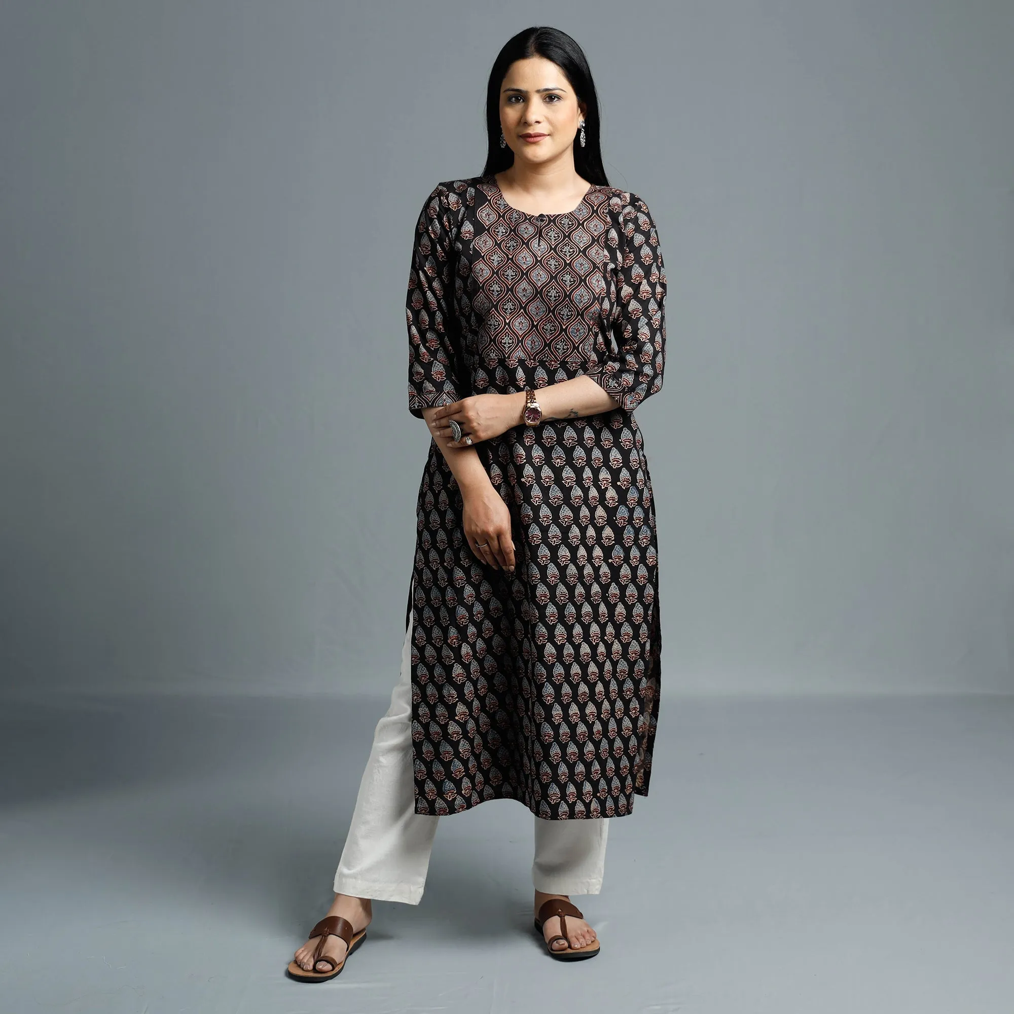 Black - Cotton Long Kurta in Ajrakh Block Prints of Kutch sold by Itokri product image thumbnail 3