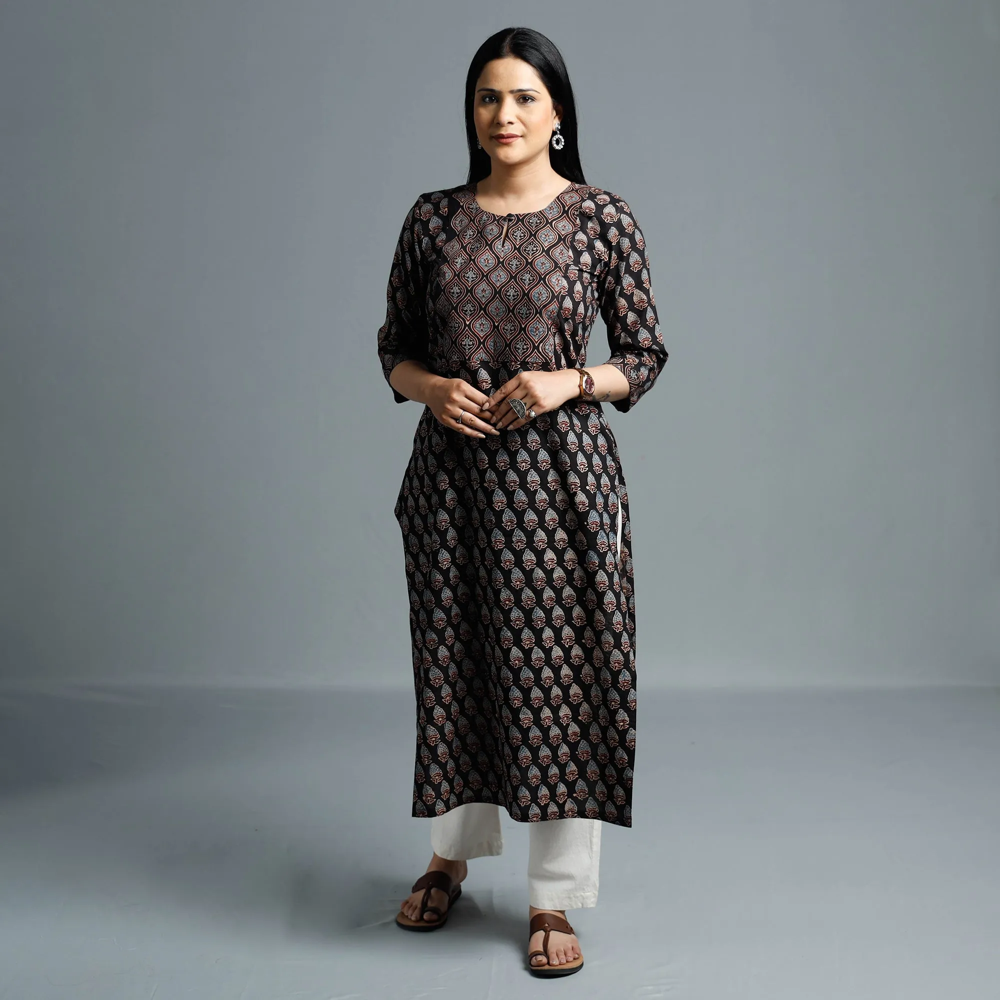 Black - Cotton Long Kurta in Ajrakh Block Prints of Kutch sold by Itokri product image thumbnail 2