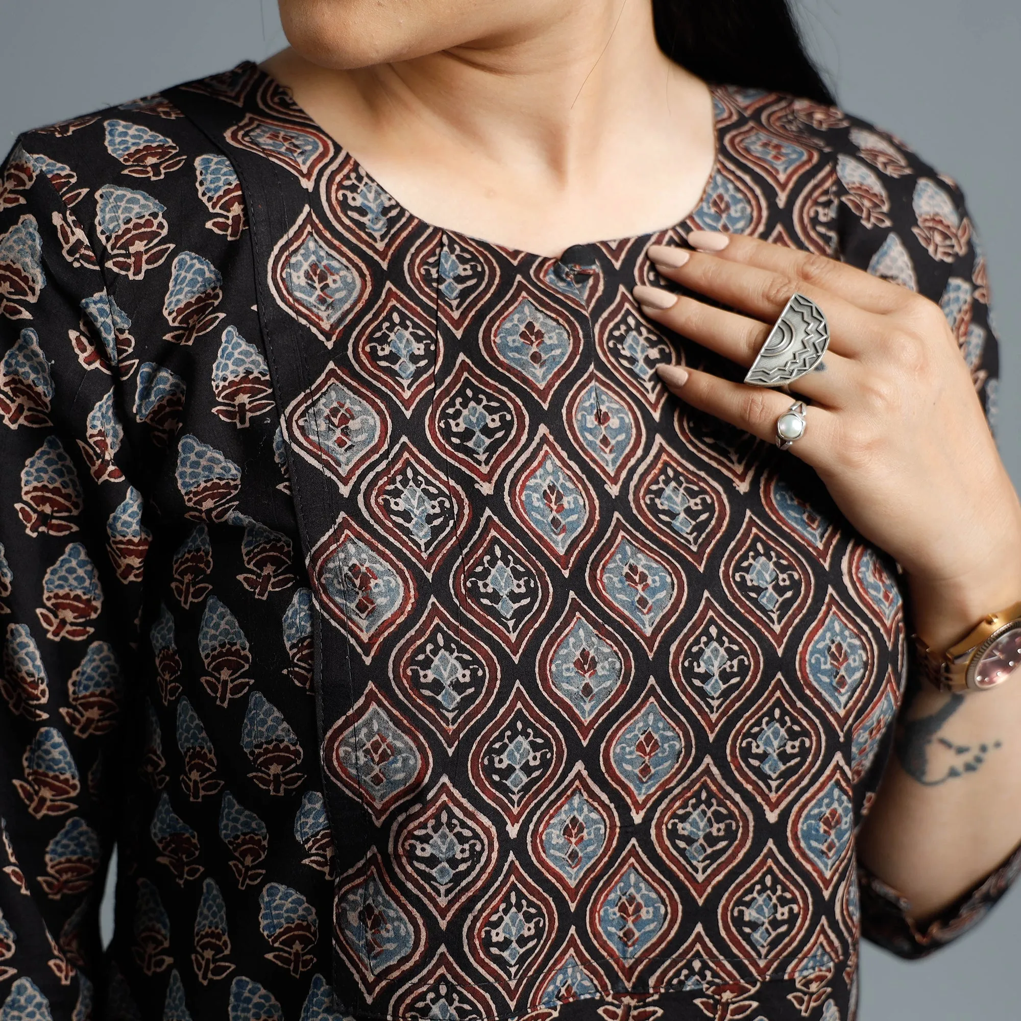 Black - Cotton Long Kurta in Ajrakh Block Prints of Kutch sold by Itokri product image thumbnail 5