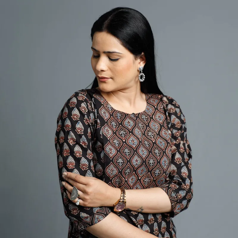 Black - Cotton Long Kurta in Ajrakh Block Prints of Kutch sold by Itokri