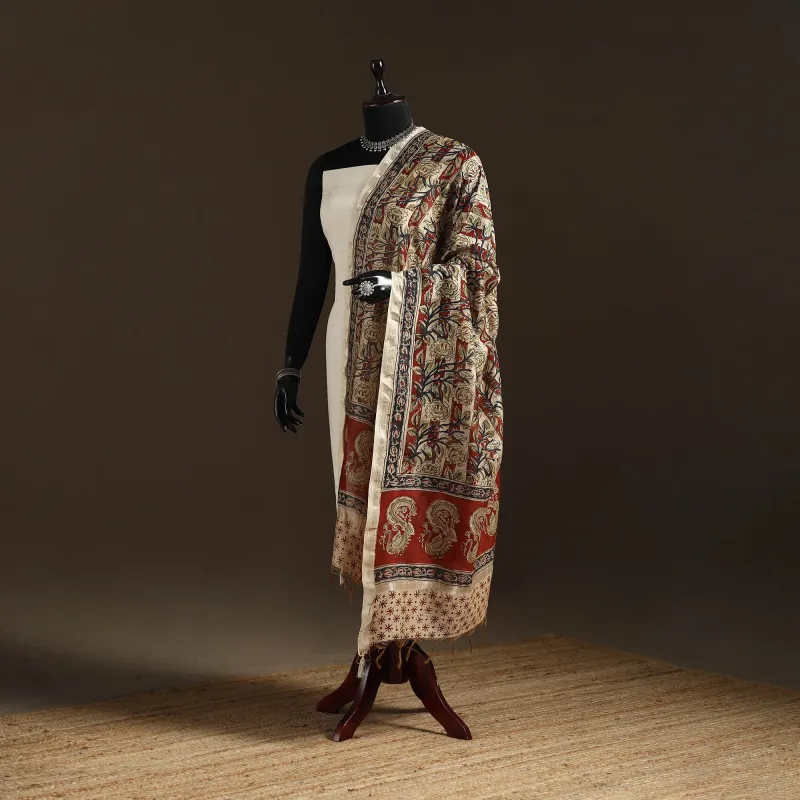 Multicolor - Pedana Natural Dyed Hand Block Print Kalamkari Dupatta in Chanderi Silk 43 made by Itokri
