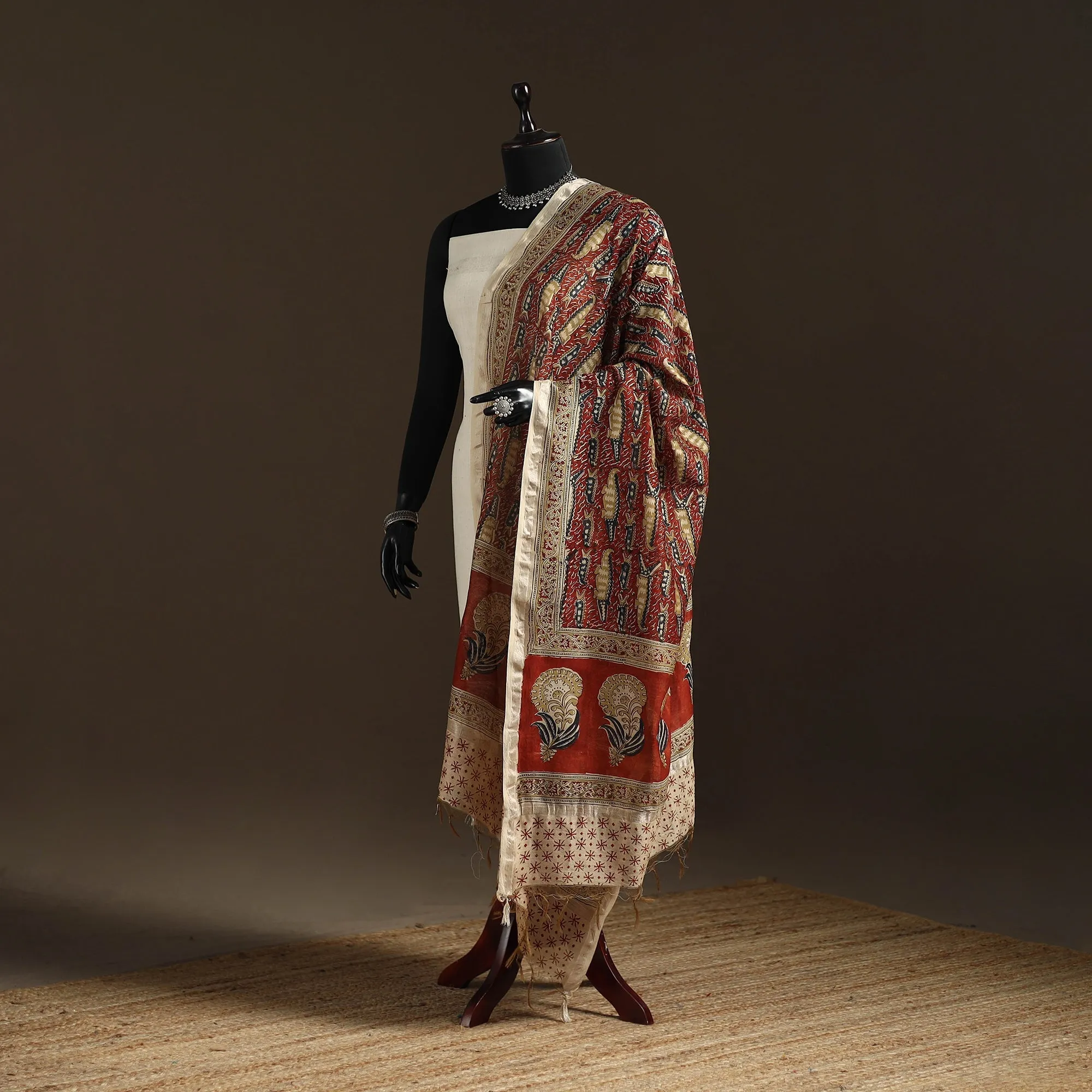 Red - Pedana Natural Dyed Hand Block Print Kalamkari Dupatta in Chanderi Silk 28 sold by Itokri