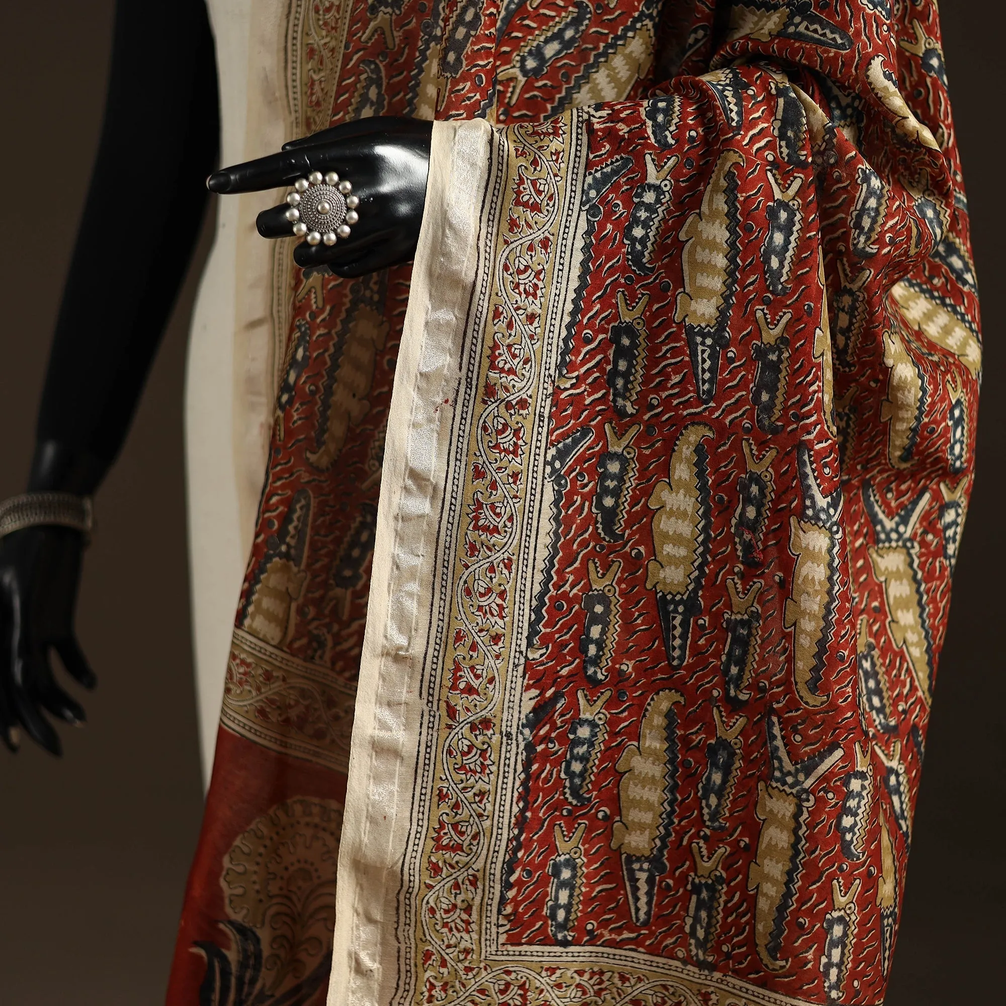 Red - Pedana Natural Dyed Hand Block Print Kalamkari Dupatta in Chanderi Silk 28 sold by Itokri product image thumbnail 3