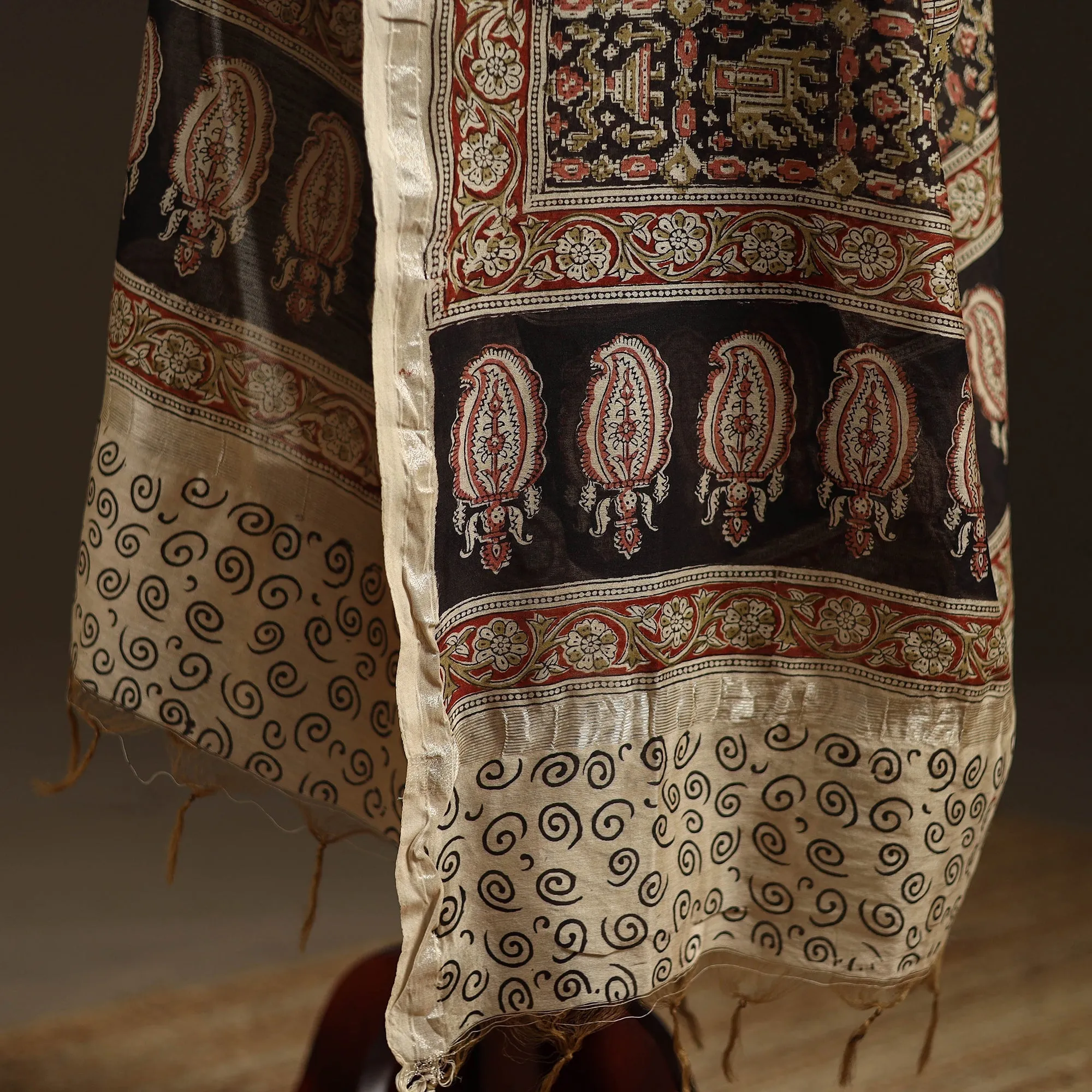 Black - Pedana Natural Dyed Hand Block Print Kalamkari Dupatta in Chanderi Silk 26 sold by Itokri product image thumbnail 4