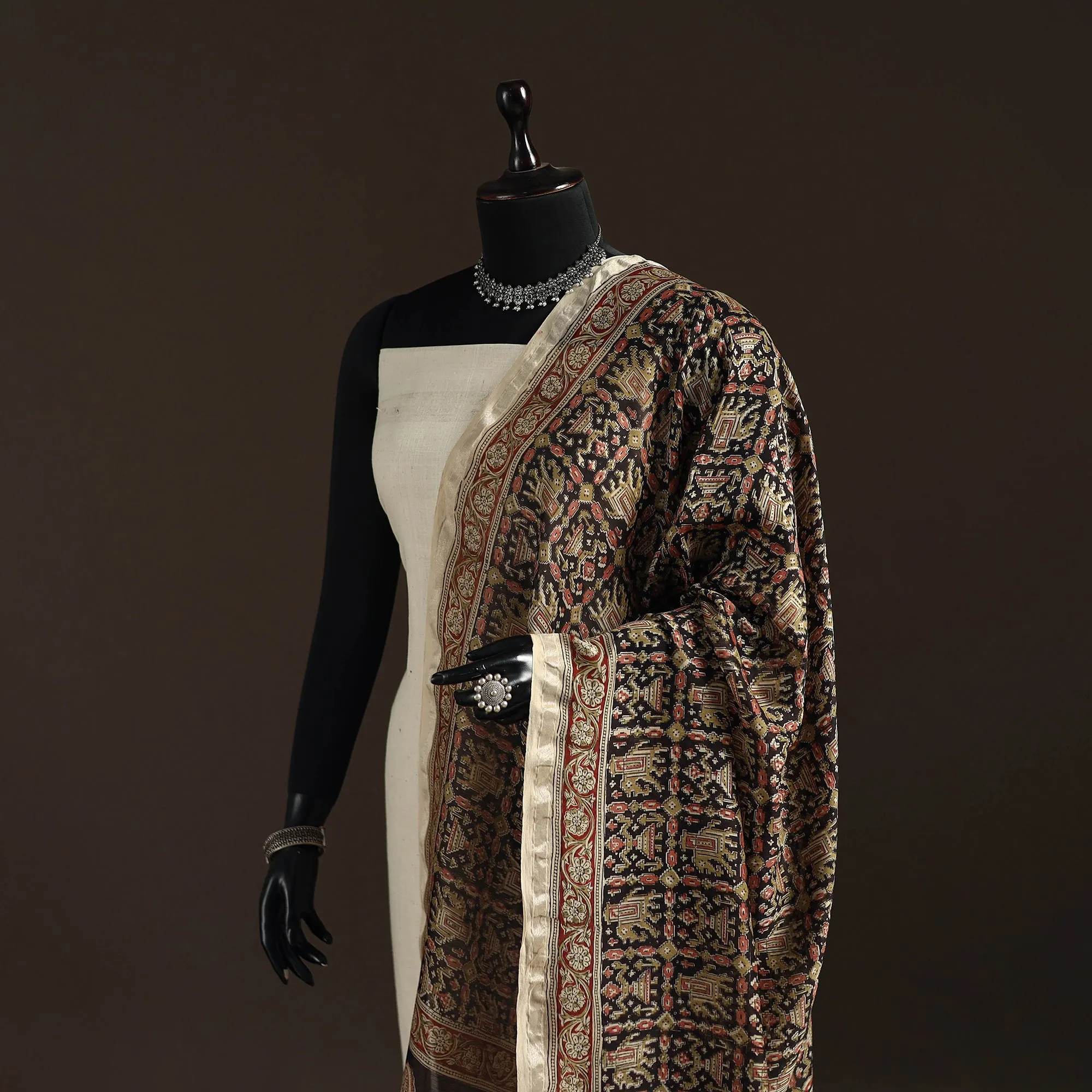 Black - Pedana Natural Dyed Hand Block Print Kalamkari Dupatta in Chanderi Silk 26 sold by Itokri product image thumbnail 2