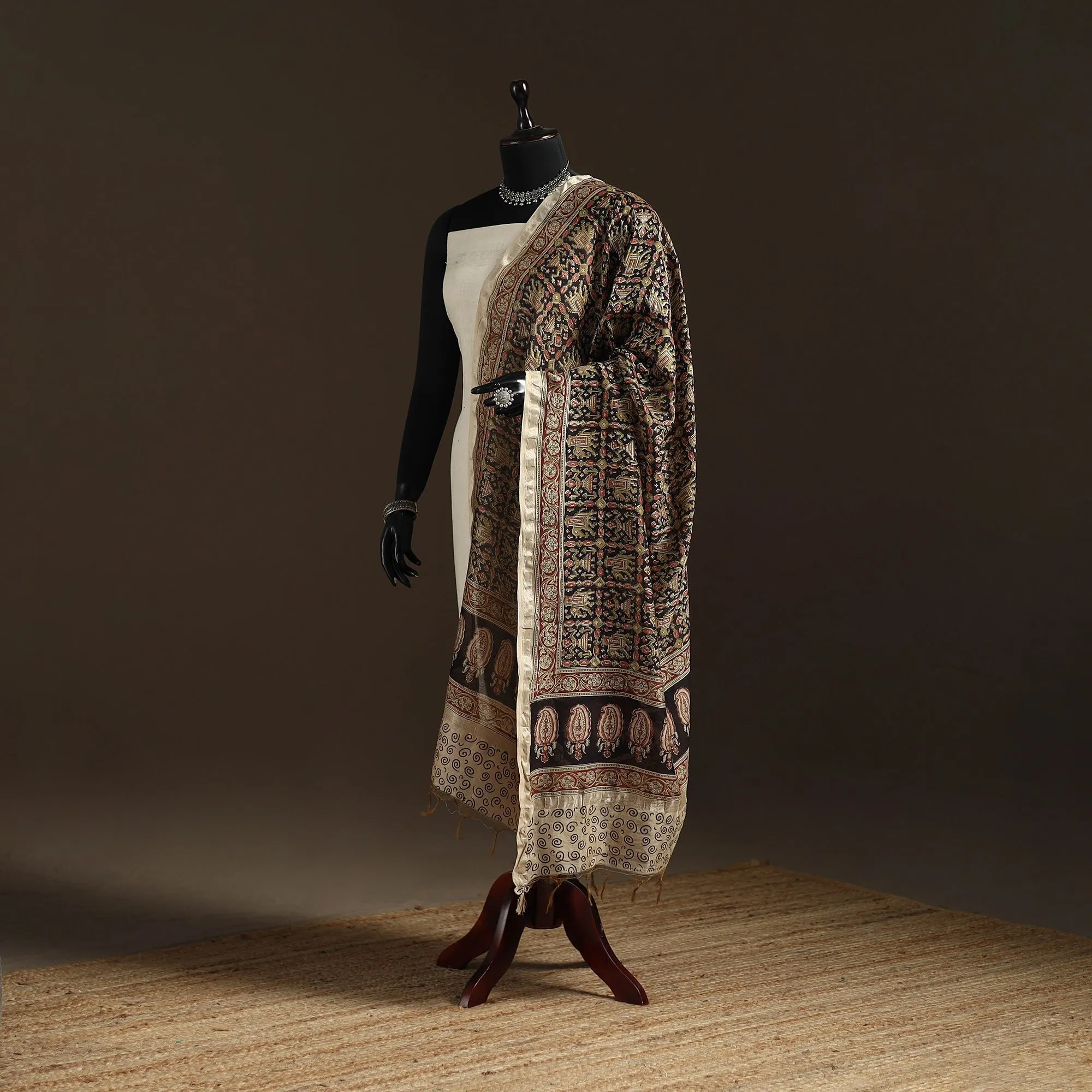 Black - Pedana Natural Dyed Hand Block Print Kalamkari Dupatta in Chanderi Silk 26 sold by Itokri