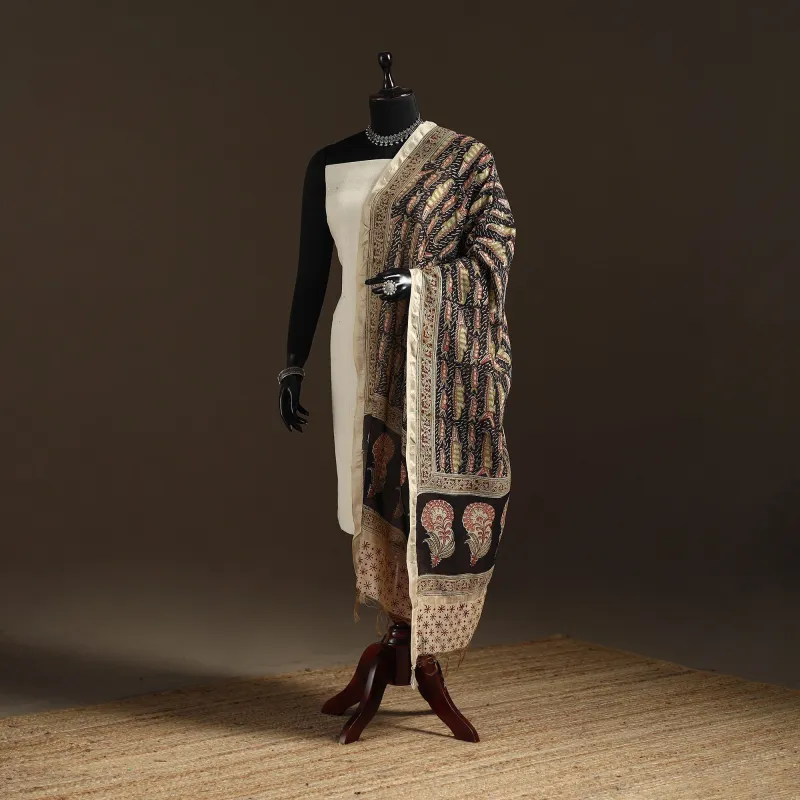 Black - Pedana Natural Dyed Hand Block Print Kalamkari Dupatta in Chanderi Silk 24 made by Itokri