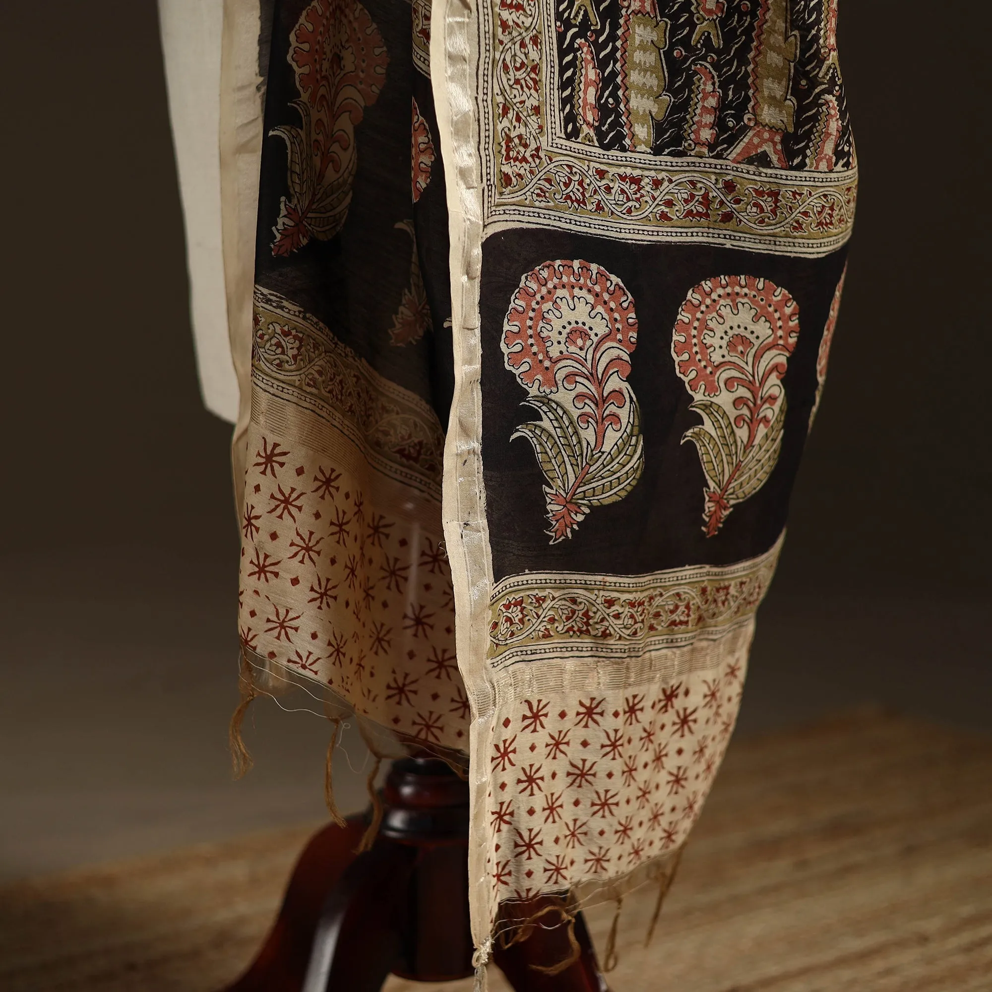 Black - Pedana Natural Dyed Hand Block Print Kalamkari Dupatta in Chanderi Silk 24 sold by Itokri product image thumbnail 4