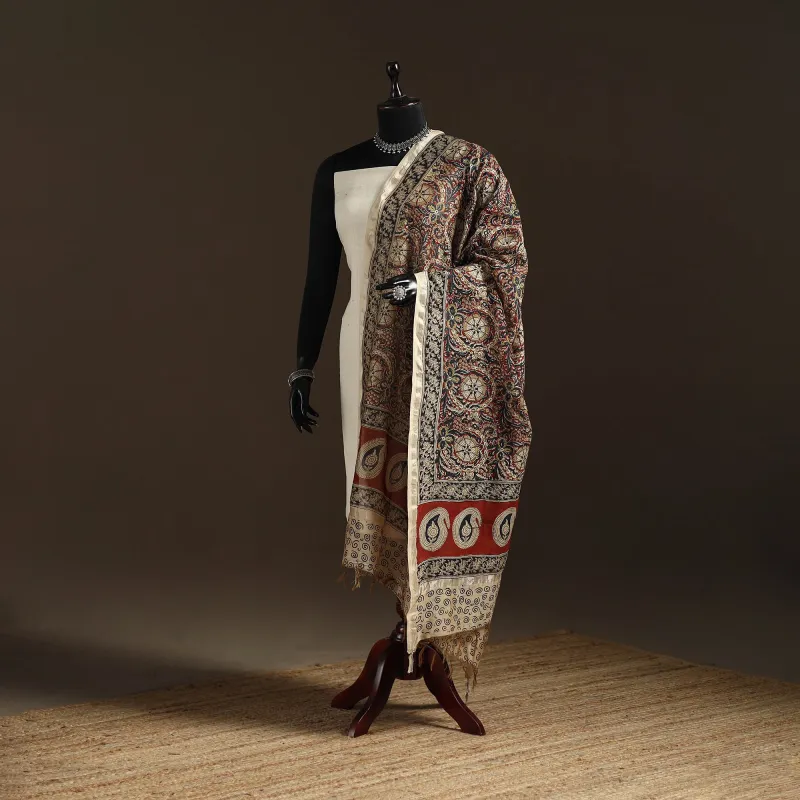 Multicolor - Pedana Natural Dyed Hand Block Print Kalamkari Dupatta in Chanderi Silk 23 sold by Itokri