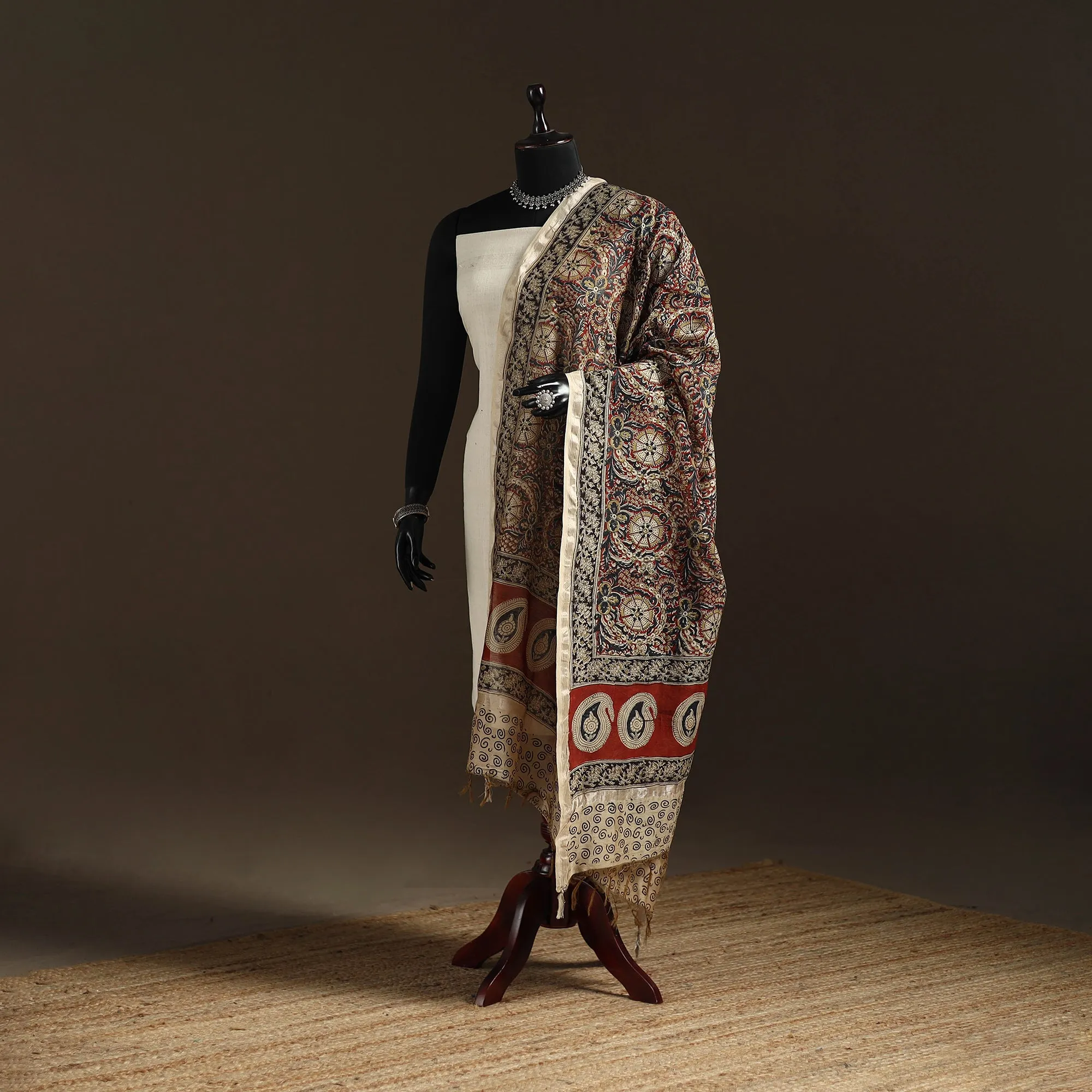 Multicolor - Pedana Natural Dyed Hand Block Print Kalamkari Dupatta in Chanderi Silk 23 sold by Itokri