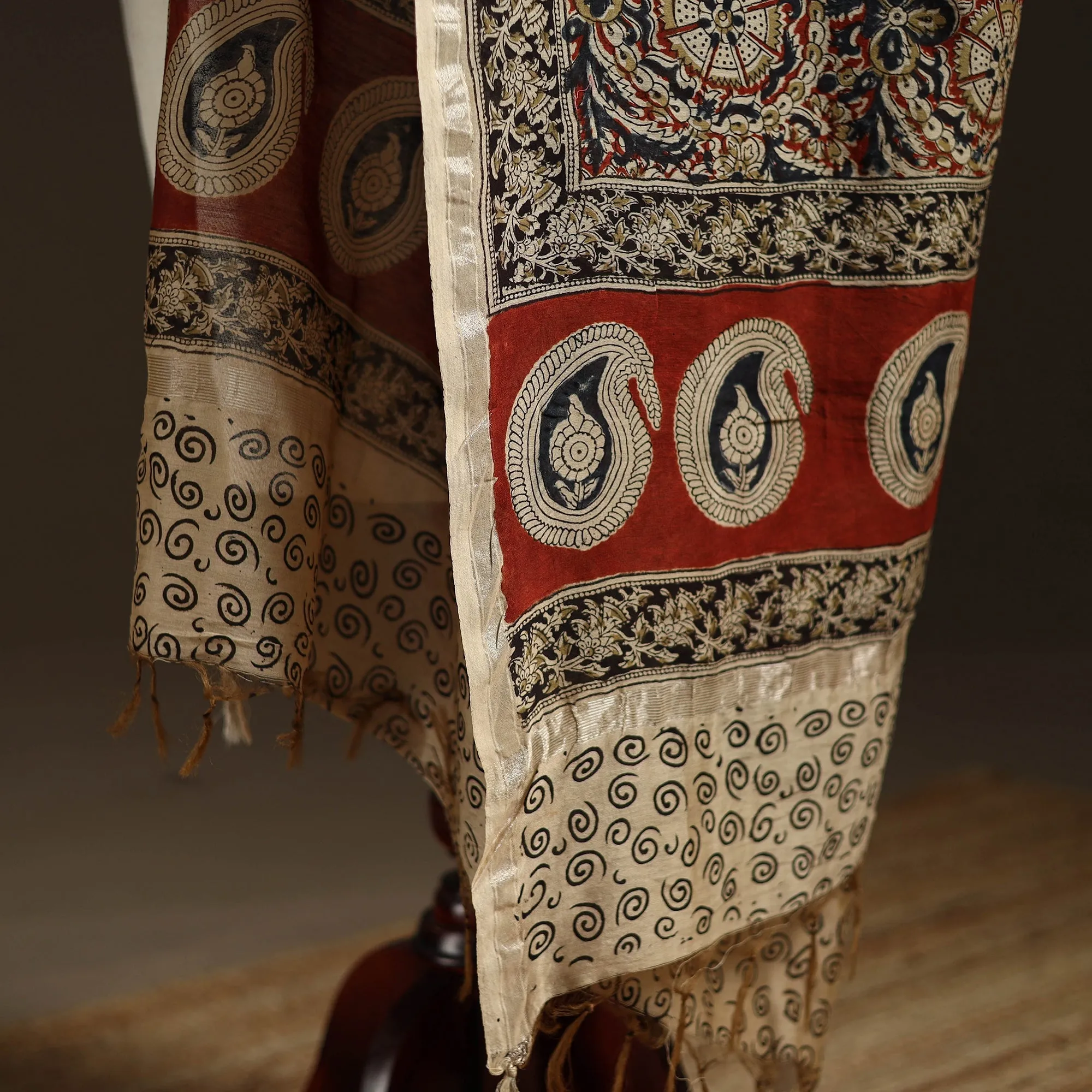 Multicolor - Pedana Natural Dyed Hand Block Print Kalamkari Dupatta in Chanderi Silk 23 sold by Itokri product image thumbnail 4