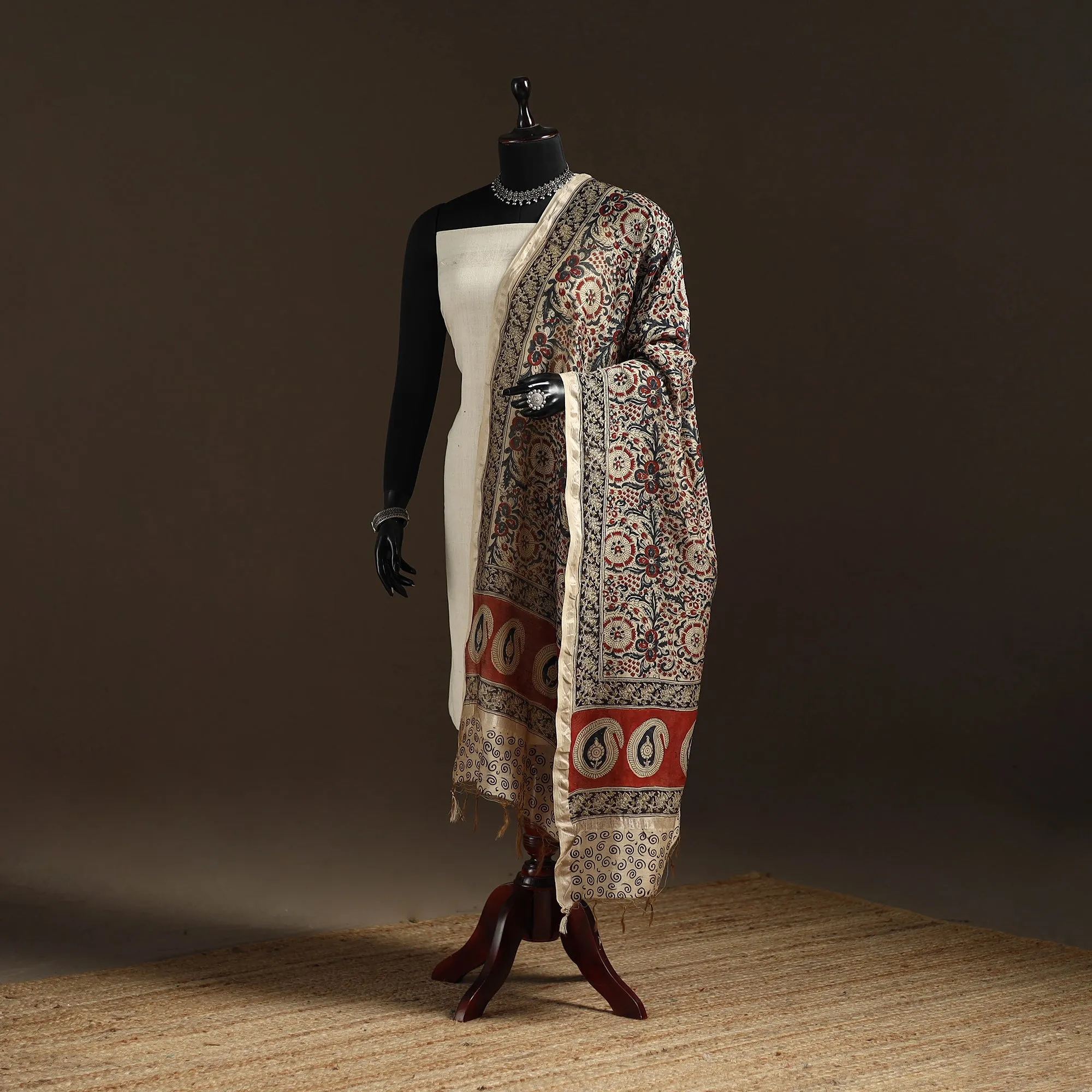 Multicolor - Pedana Natural Dyed Hand Block Print Kalamkari Dupatta in Chanderi Silk 19 sold by Itokri