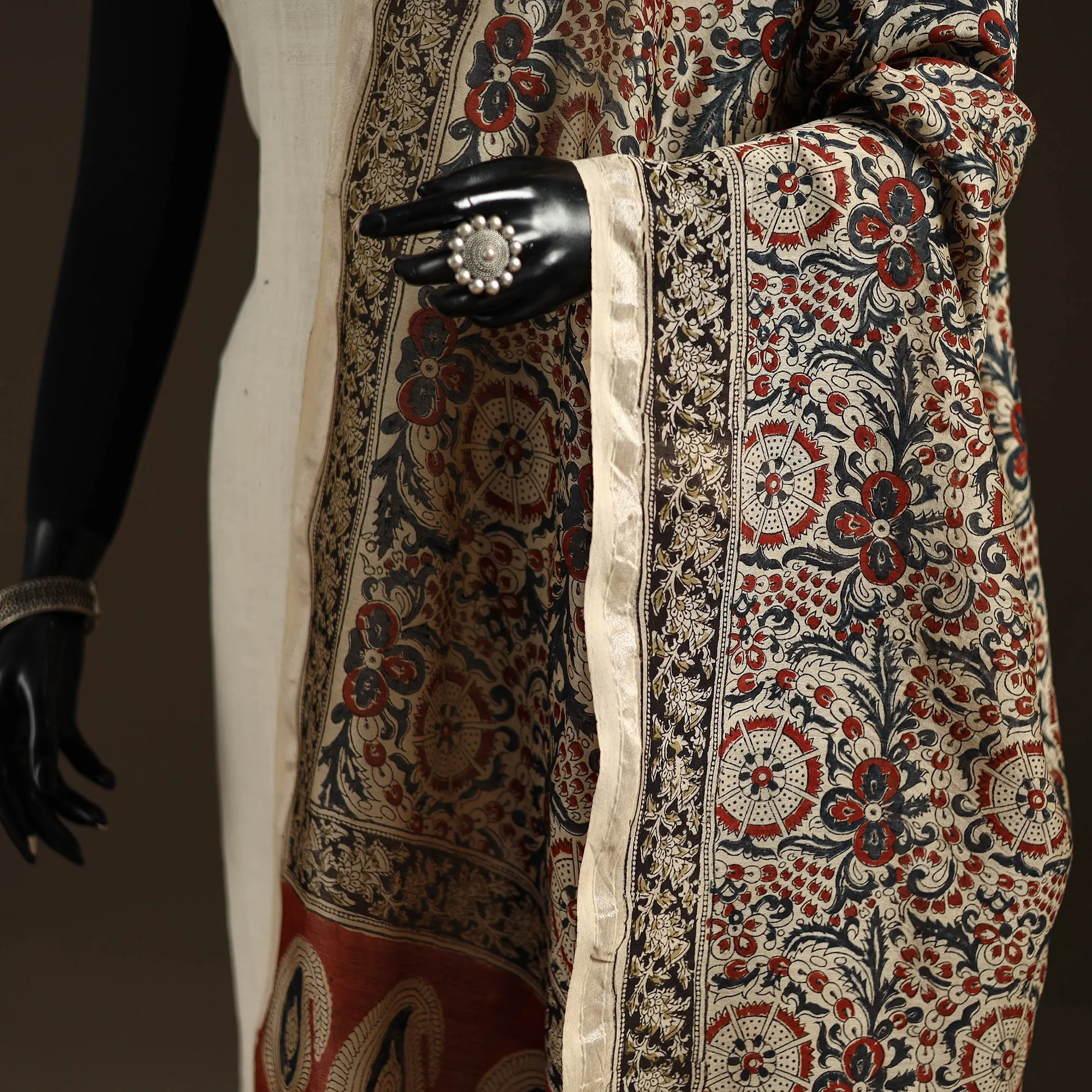 Multicolor - Pedana Natural Dyed Hand Block Print Kalamkari Dupatta in Chanderi Silk 19 sold by Itokri product image thumbnail 3