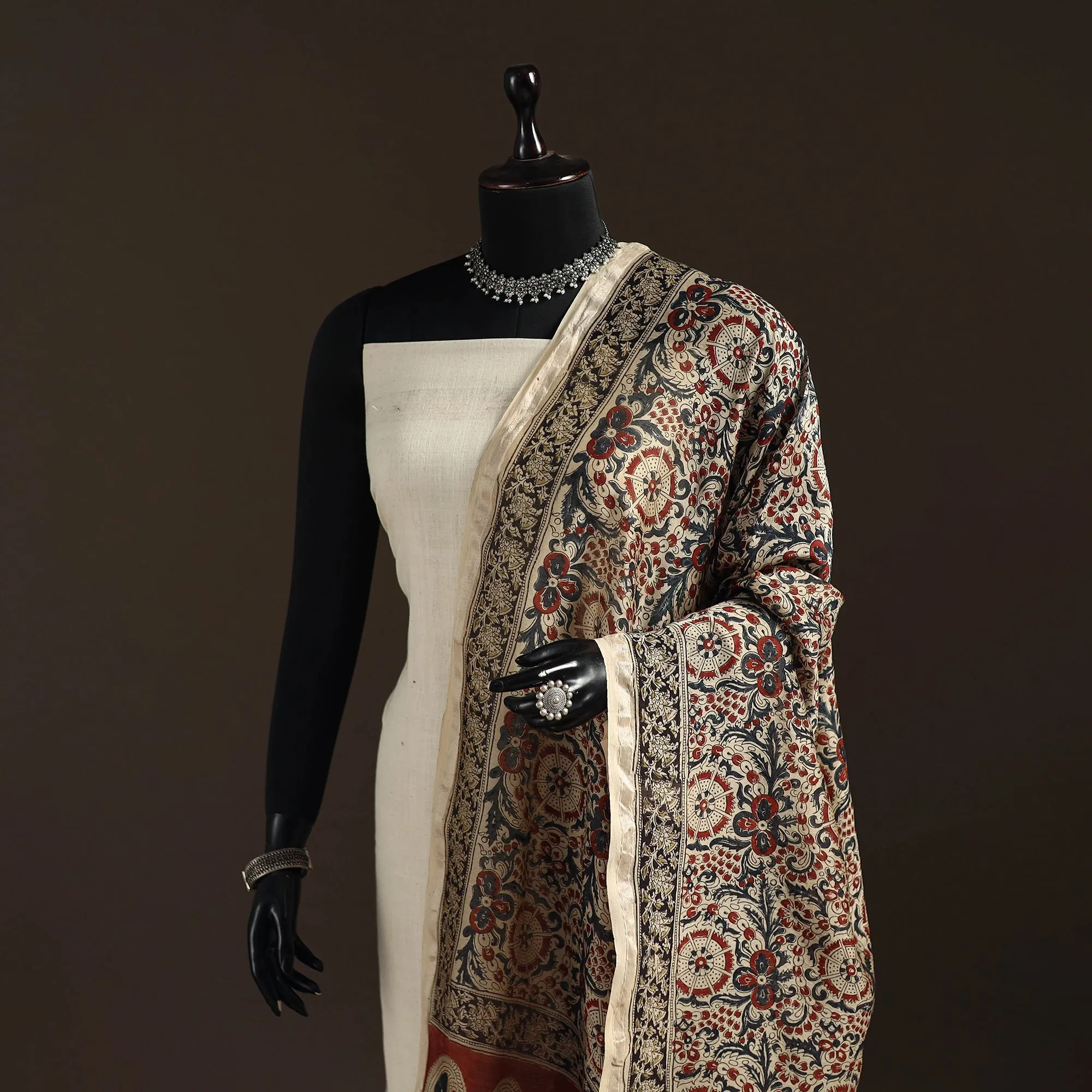 Multicolor - Pedana Natural Dyed Hand Block Print Kalamkari Dupatta in Chanderi Silk 19 sold by Itokri product image thumbnail 2