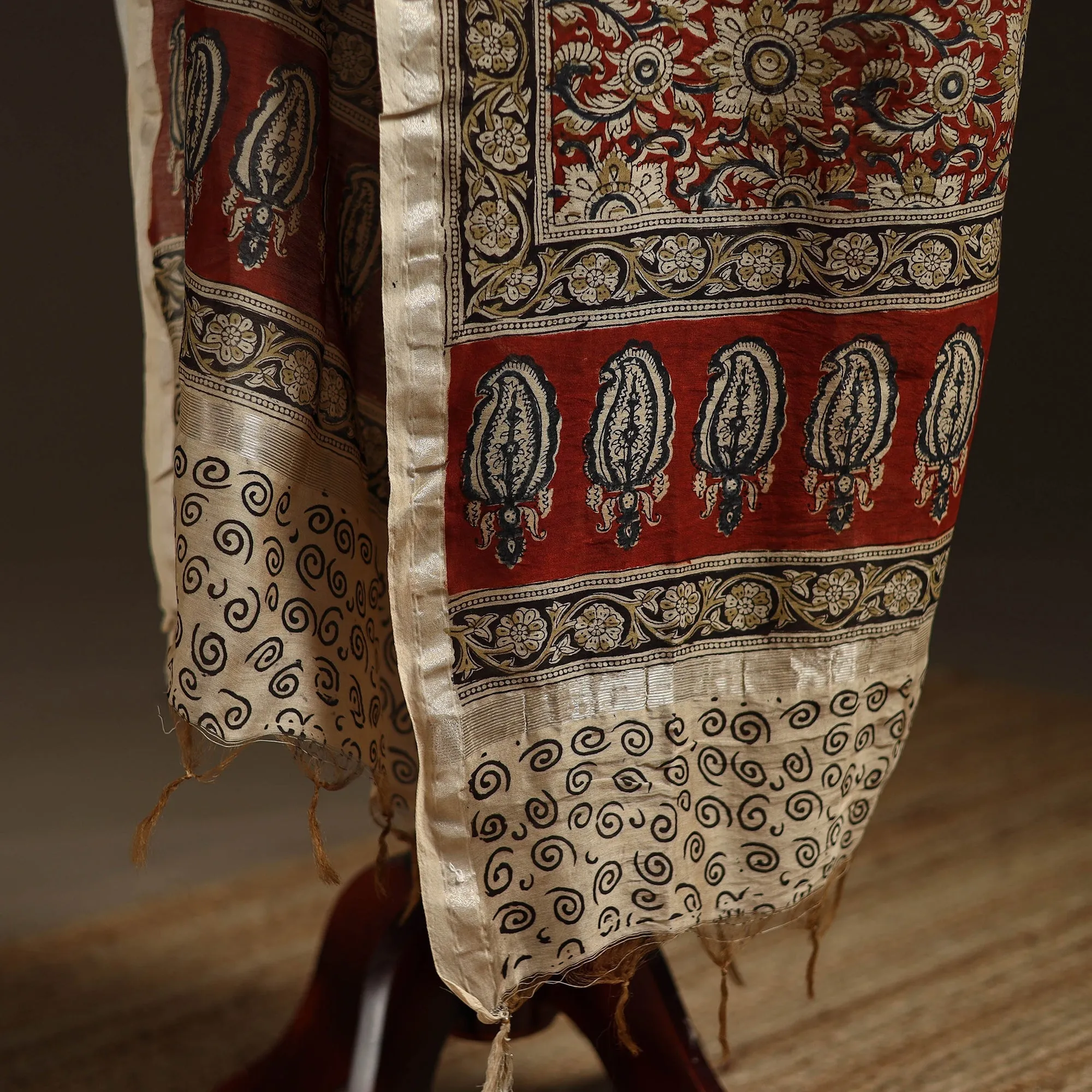 Red - Pedana Natural Dyed Hand Block Print Kalamkari Dupatta in Chanderi Silk 13 sold by Itokri product image thumbnail 4