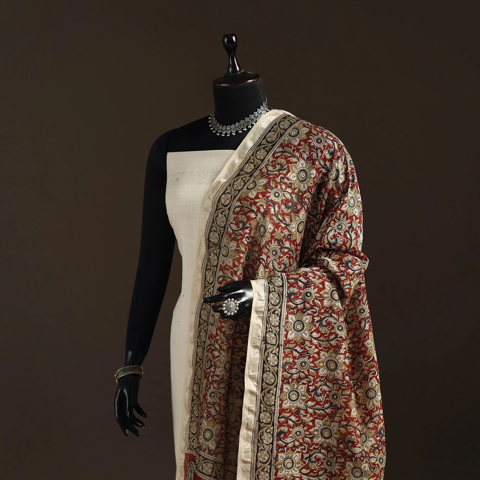 Red - Pedana Natural Dyed Hand Block Print Kalamkari Dupatta in Chanderi Silk 13 sold by Itokri product image thumbnail 2