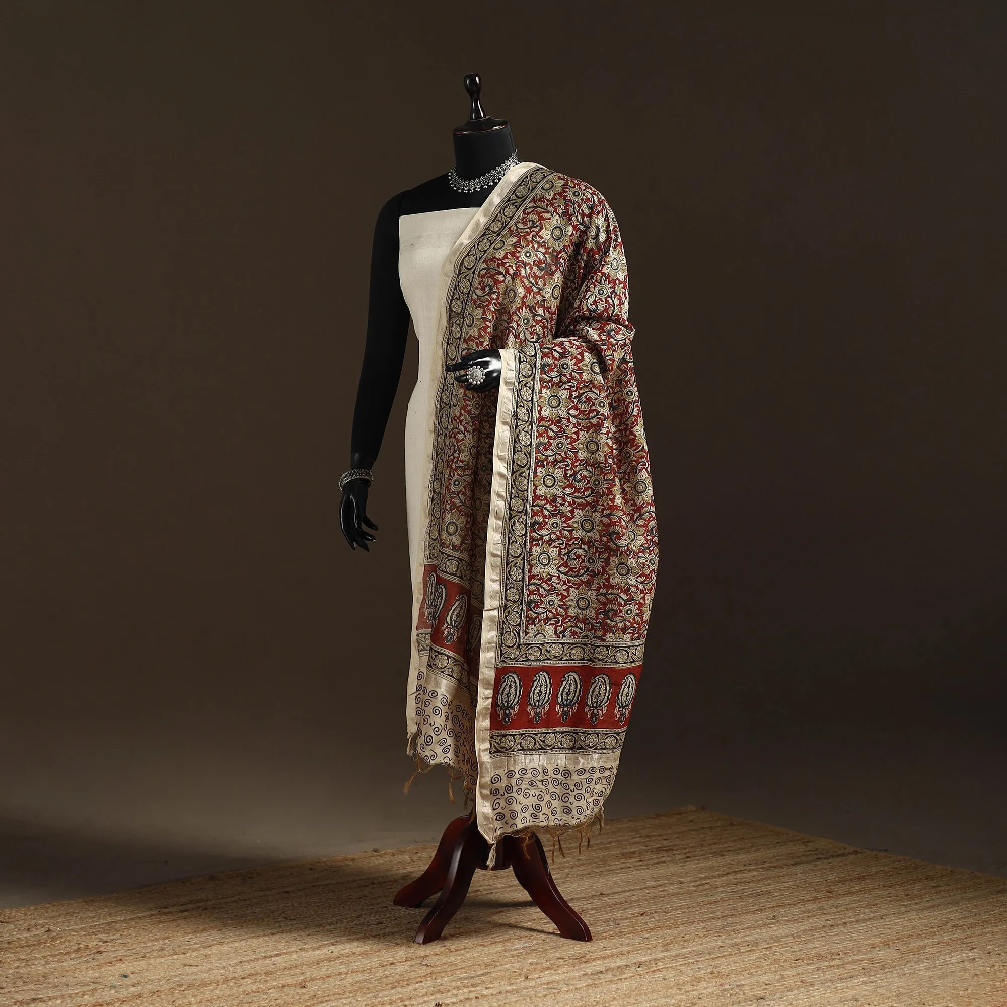 Red - Pedana Natural Dyed Hand Block Print Kalamkari Dupatta in Chanderi Silk 13 sold by Itokri