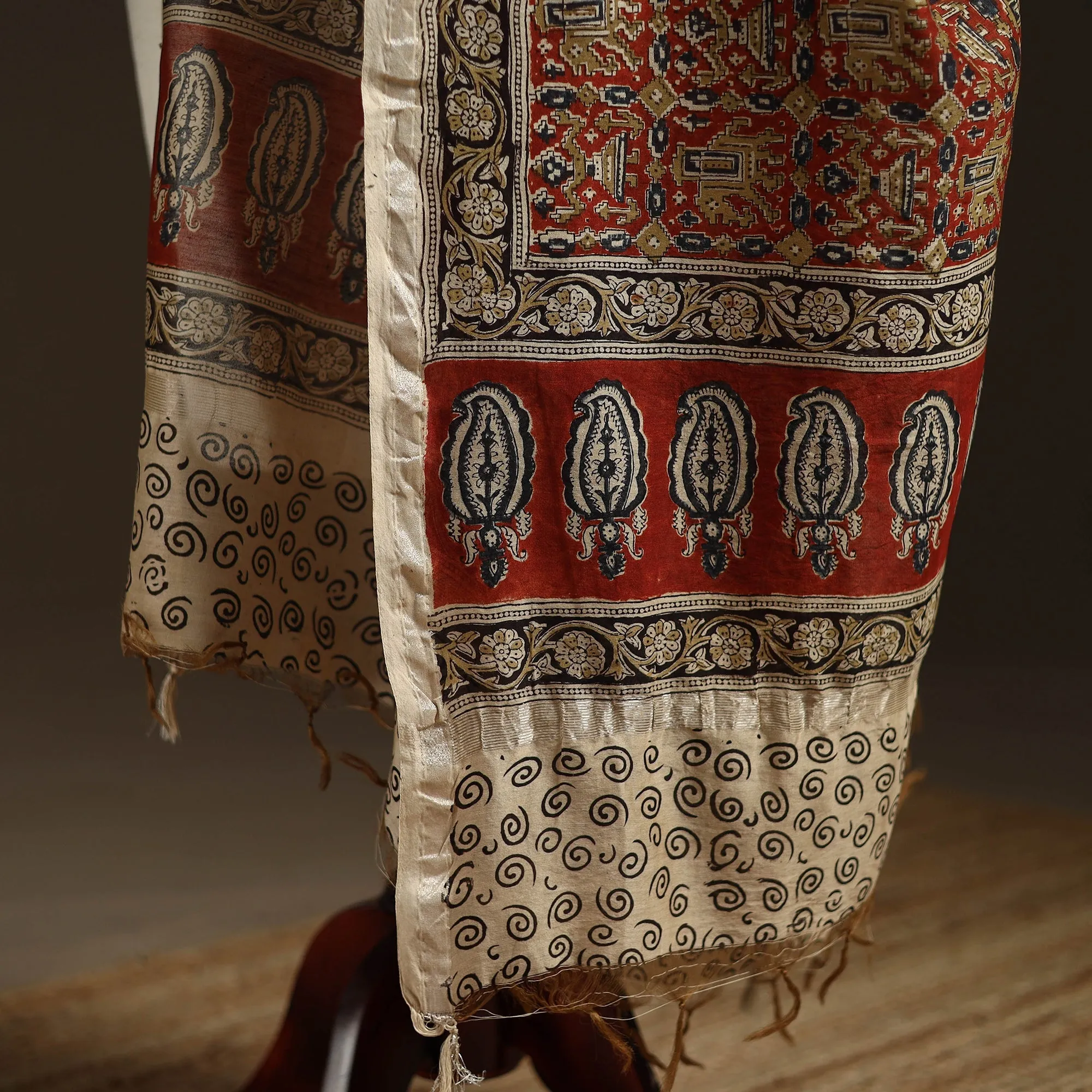 Red - Pedana Natural Dyed Hand Block Print Kalamkari Dupatta in Chanderi Silk 12 sold by Itokri product image thumbnail 4