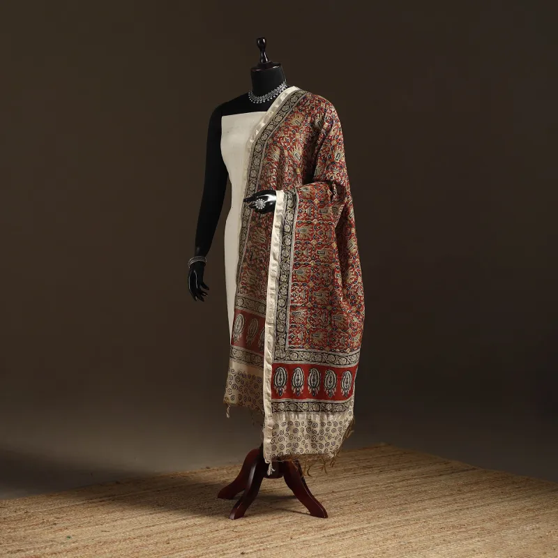 Red - Pedana Natural Dyed Hand Block Print Kalamkari Dupatta in Chanderi Silk 12 sold by Itokri