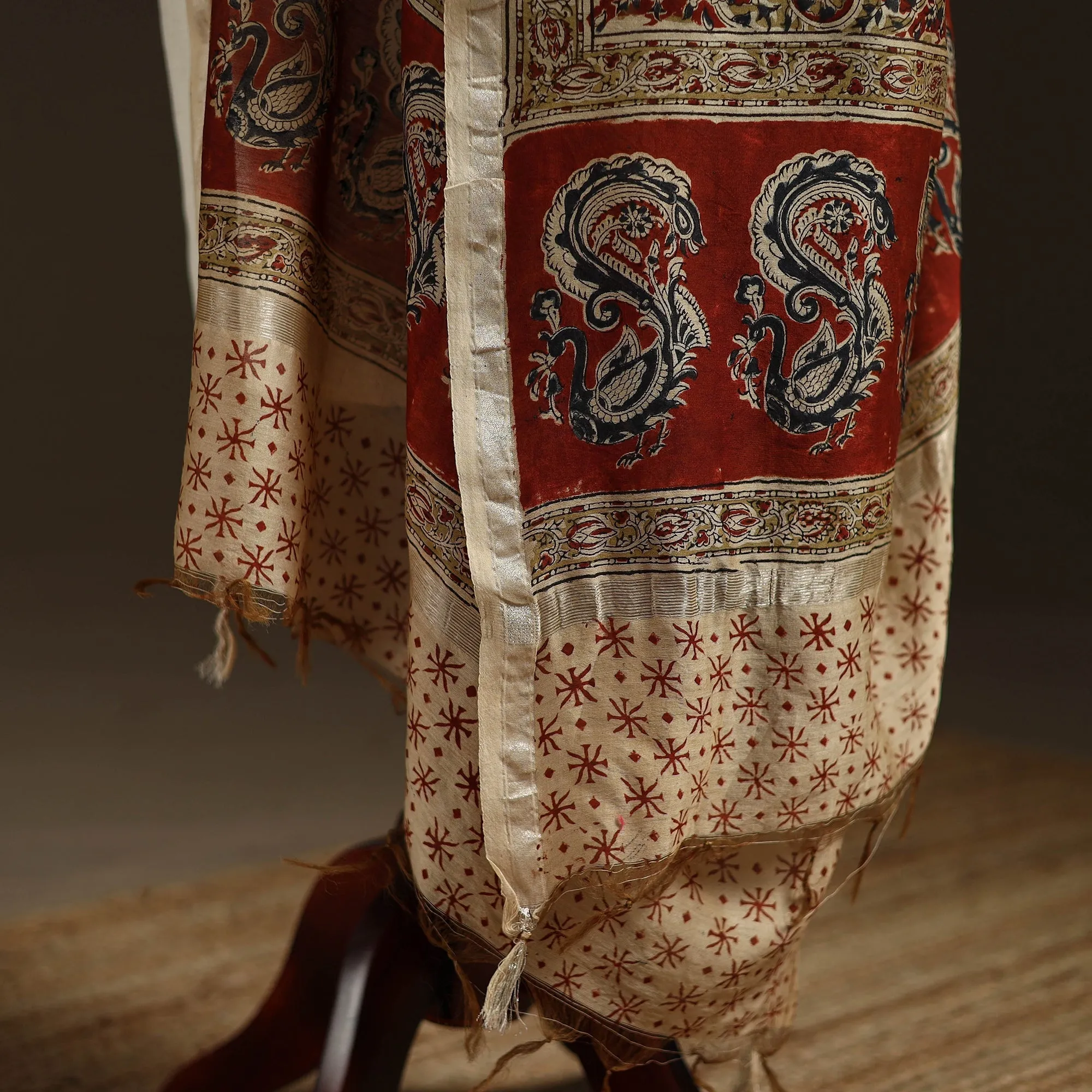 Multicolor - Pedana Natural Dyed Hand Block Print Kalamkari Dupatta in Chanderi Silk 10 sold by Itokri product image thumbnail 4