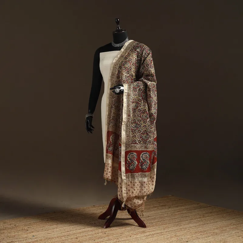 Multicolor - Pedana Natural Dyed Hand Block Print Kalamkari Dupatta in Chanderi Silk 10 sold by Itokri
