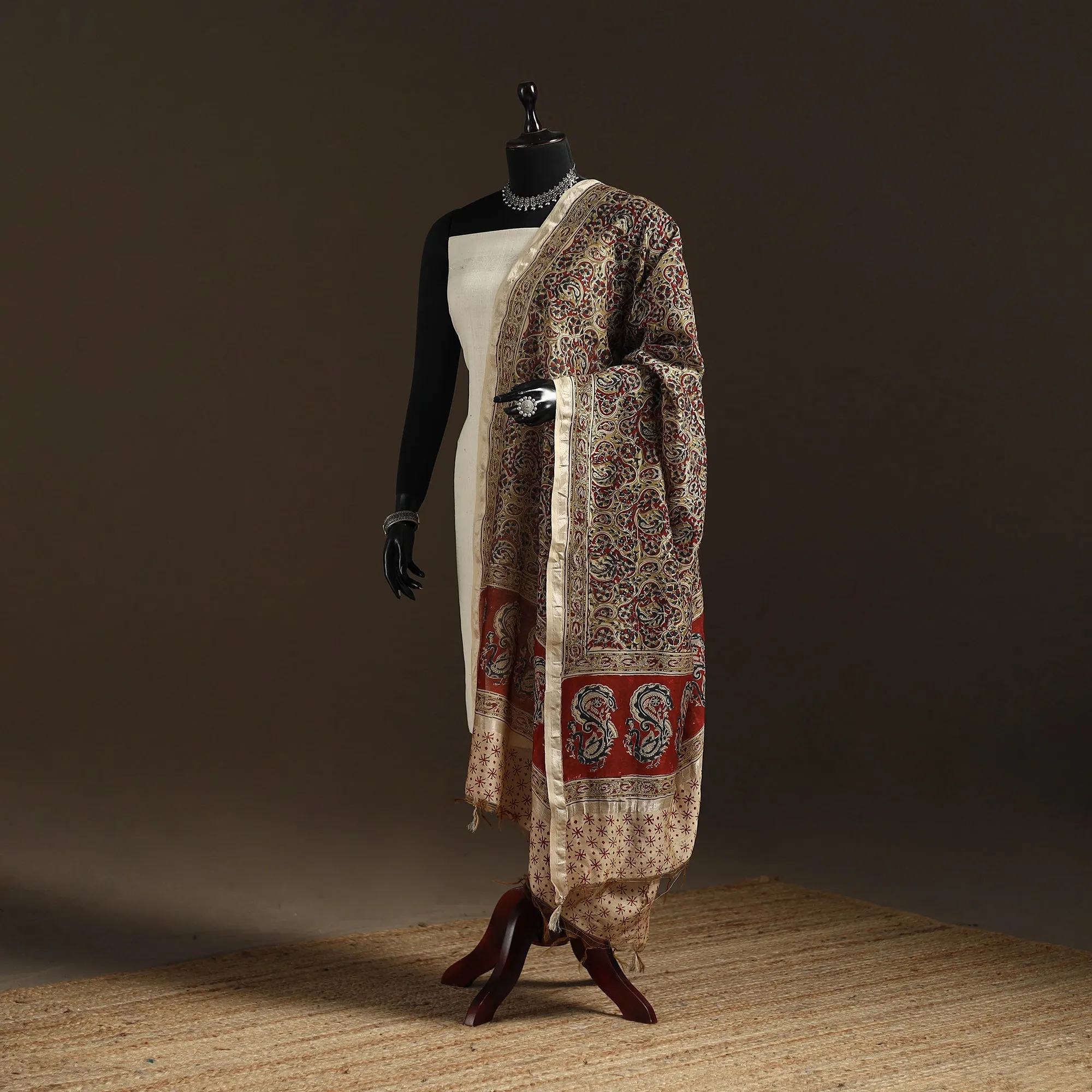 Multicolor - Pedana Natural Dyed Hand Block Print Kalamkari Dupatta in Chanderi Silk 10 sold by Itokri