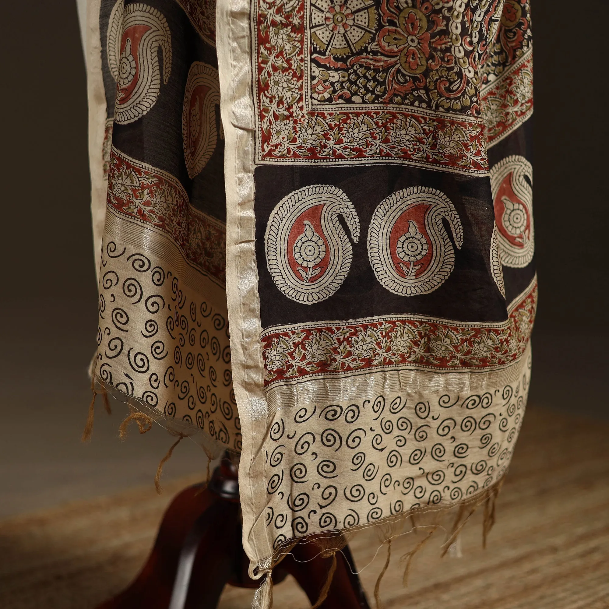 Black - Pedana Natural Dyed Hand Block Print Kalamkari Dupatta in Chanderi Silk 07 sold by Itokri product image thumbnail 4