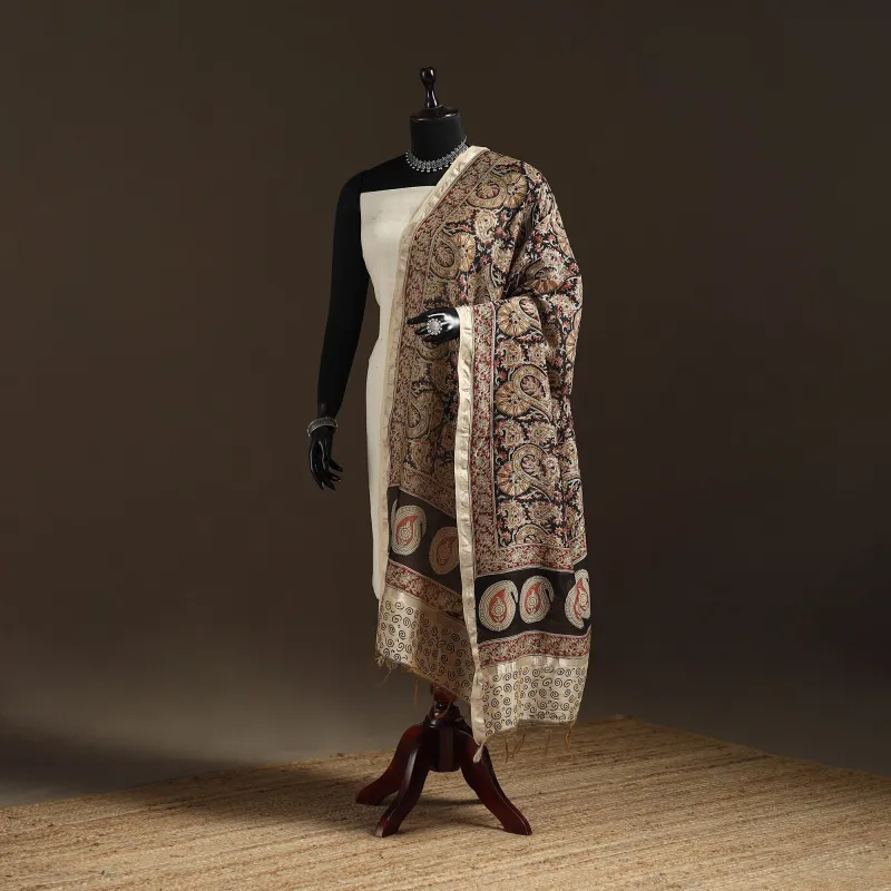 Black - Pedana Natural Dyed Hand Block Print Kalamkari Dupatta in Chanderi Silk 05 made by Itokri