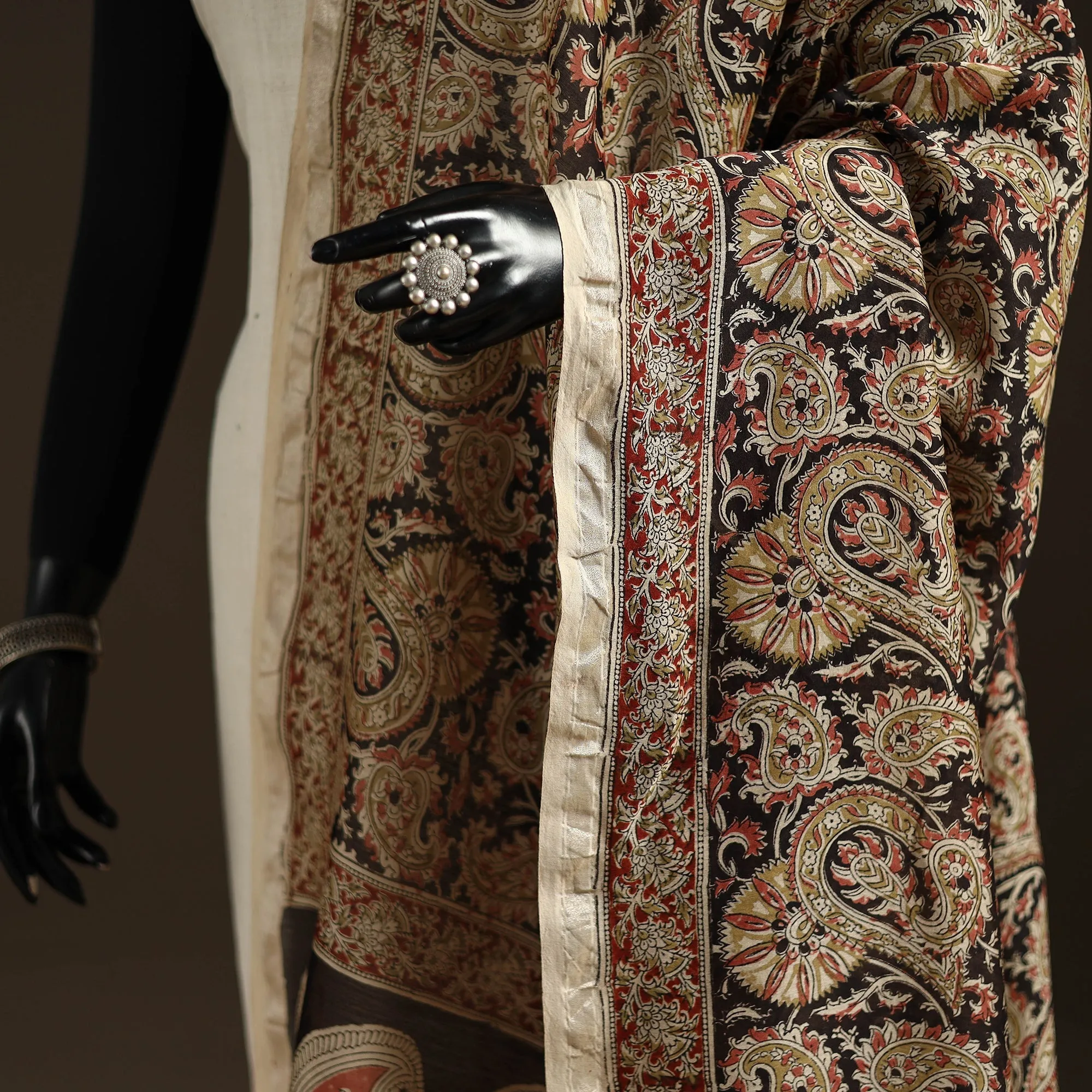 Black - Pedana Natural Dyed Hand Block Print Kalamkari Dupatta in Chanderi Silk 05 sold by Itokri product image thumbnail 3