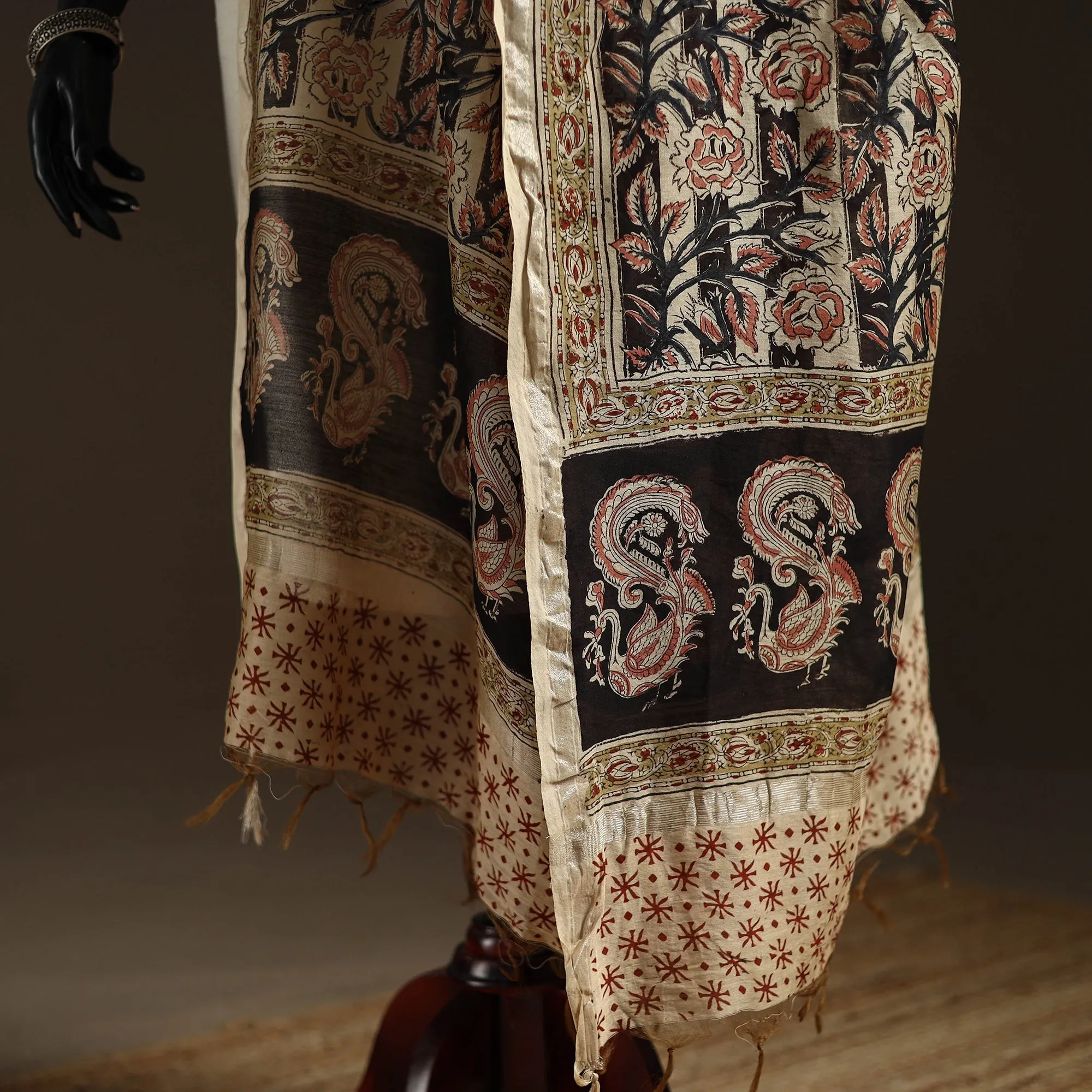 Black - Pedana Natural Dyed Hand Block Print Kalamkari Dupatta in Chanderi Silk 04 sold by Itokri product image thumbnail 4