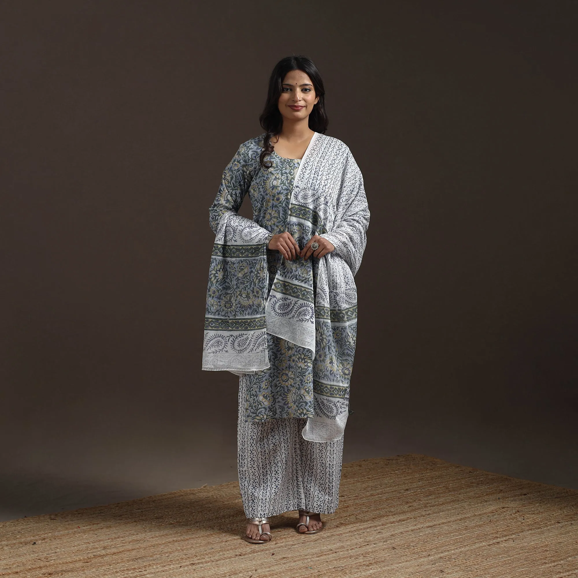 Blue - Hand Block Print Cotton Sanganeri Suit Set with Dupatta for women 14 sold by Itokri