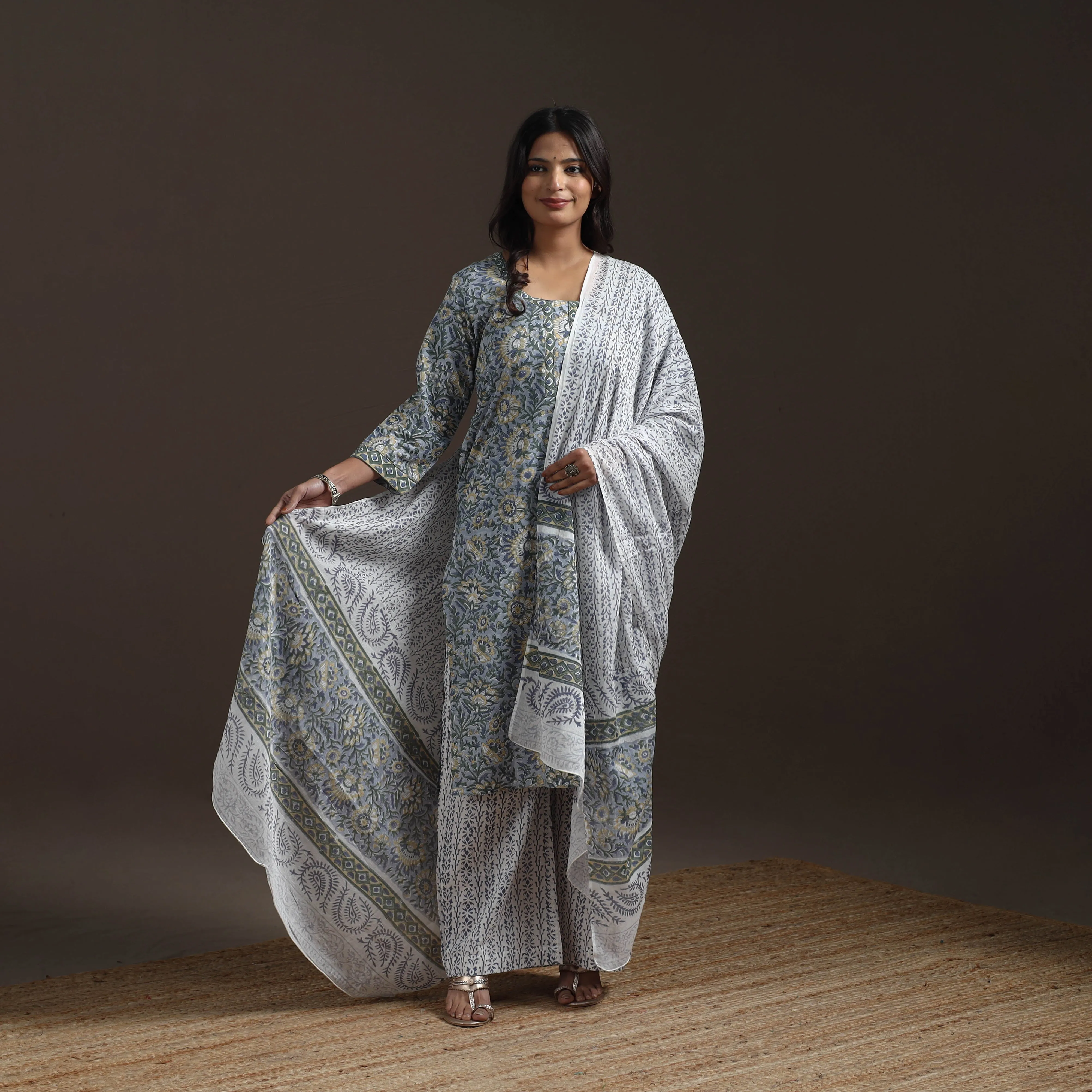 Blue - Hand Block Print Cotton Sanganeri Suit Set with Dupatta for women 14 sold by Itokri product image thumbnail 2