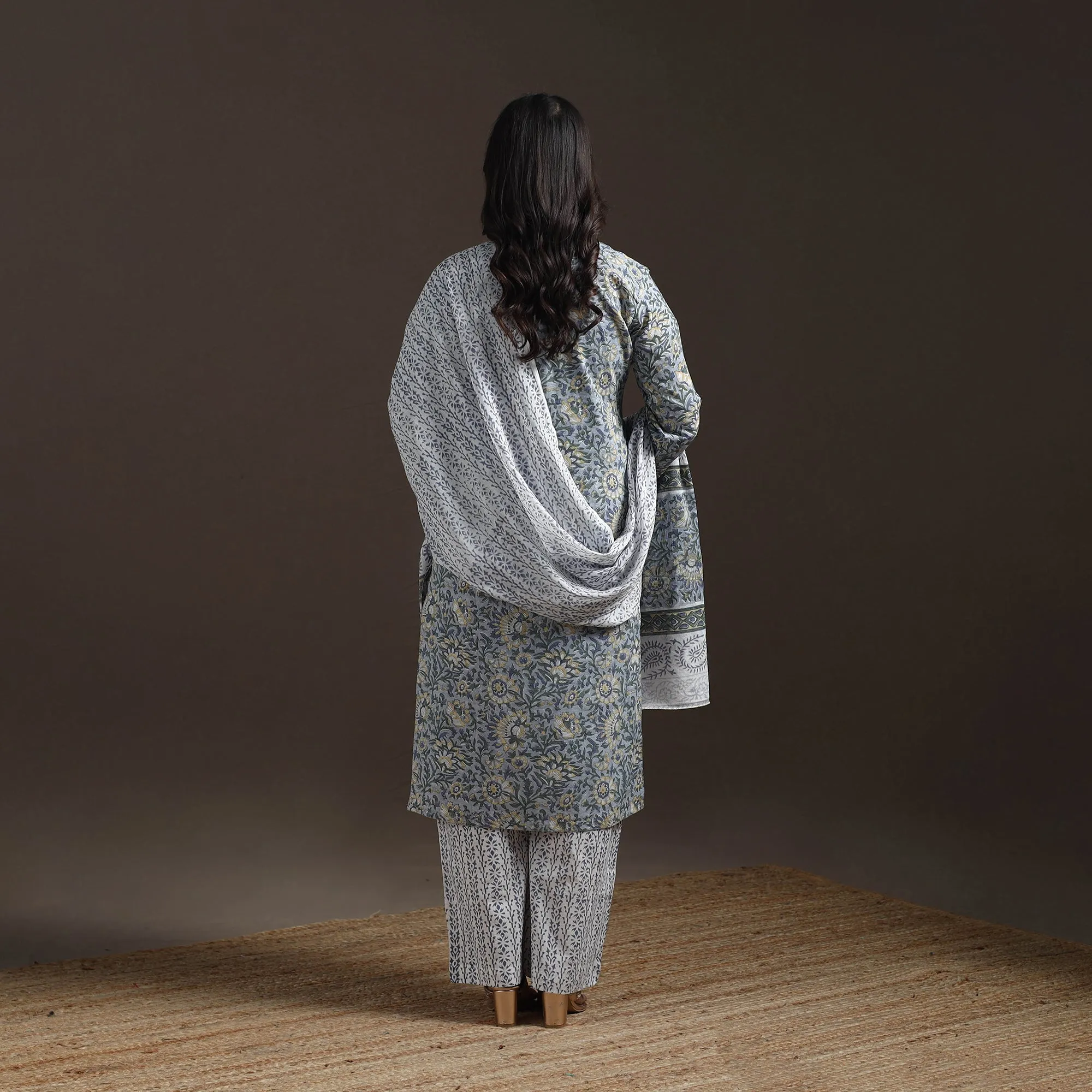 Blue - Hand Block Print Cotton Sanganeri Suit Set with Dupatta for women 14 sold by Itokri product image thumbnail 4