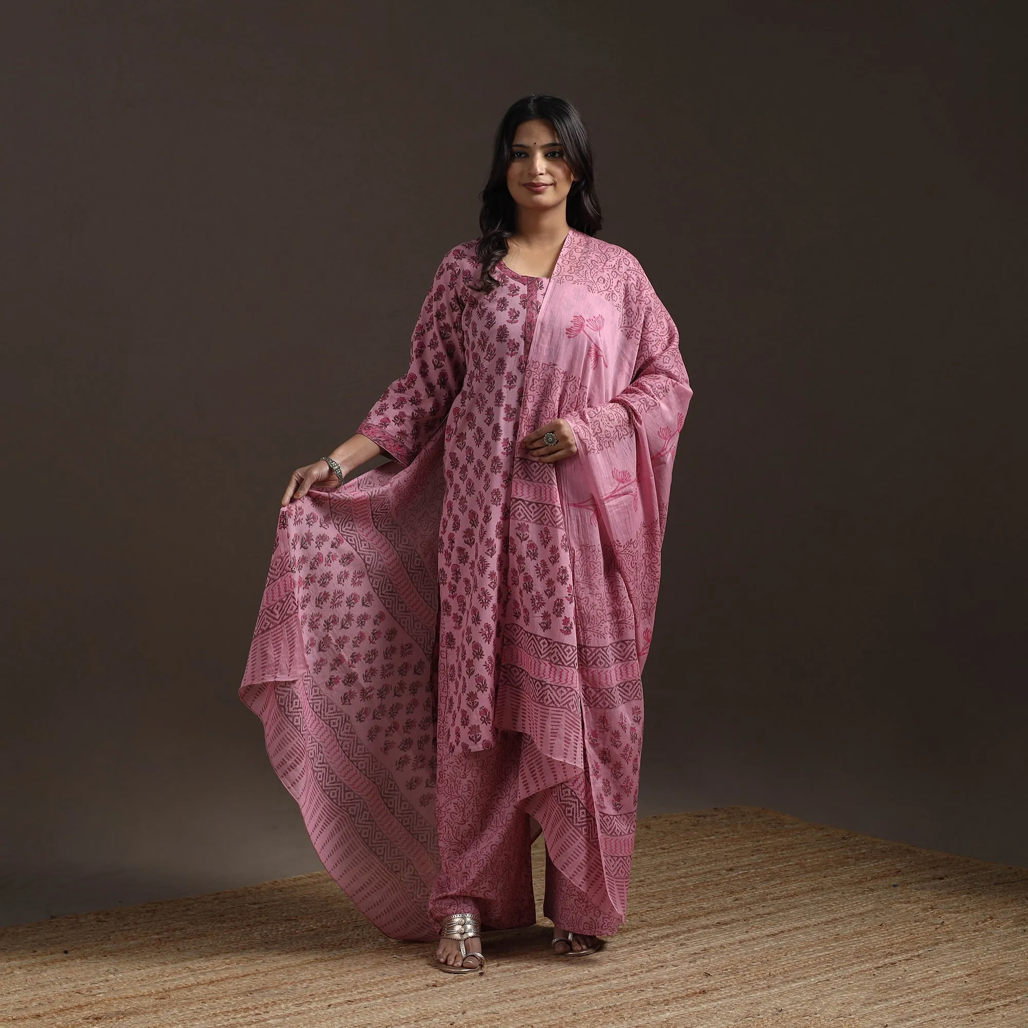 Pink - Hand Block Print Cotton Sanganeri Suit Set with Dupatta for women 13 sold by Itokri product image thumbnail 2