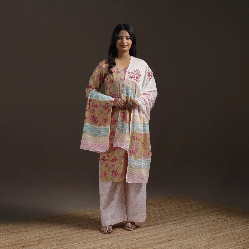 Beige - Hand Block Print Cotton Sanganeri Suit Set with Dupatta for women 11 made by Itokri