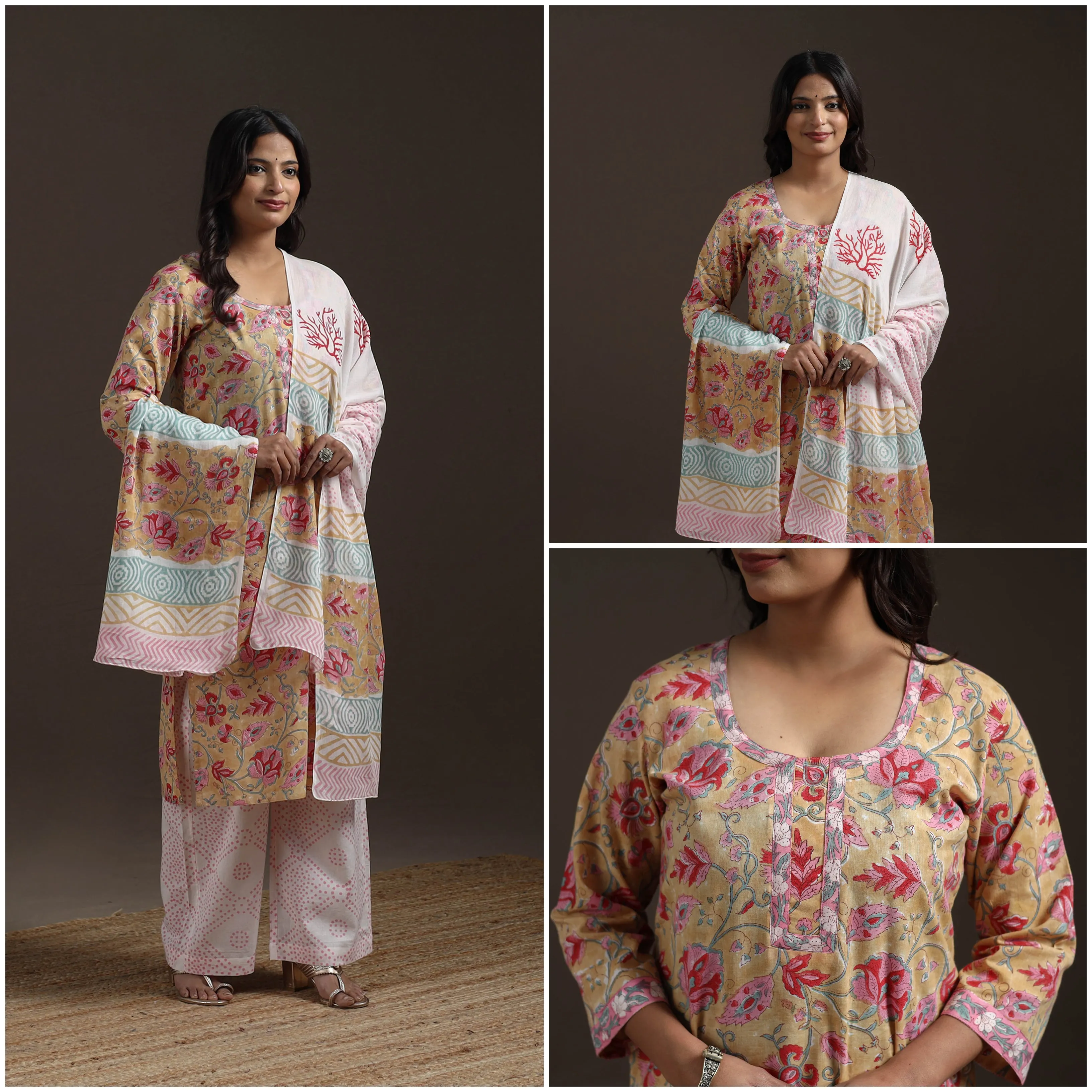 Beige - Hand Block Print Cotton Sanganeri Suit Set with Dupatta for women 11 sold by Itokri product image thumbnail 3