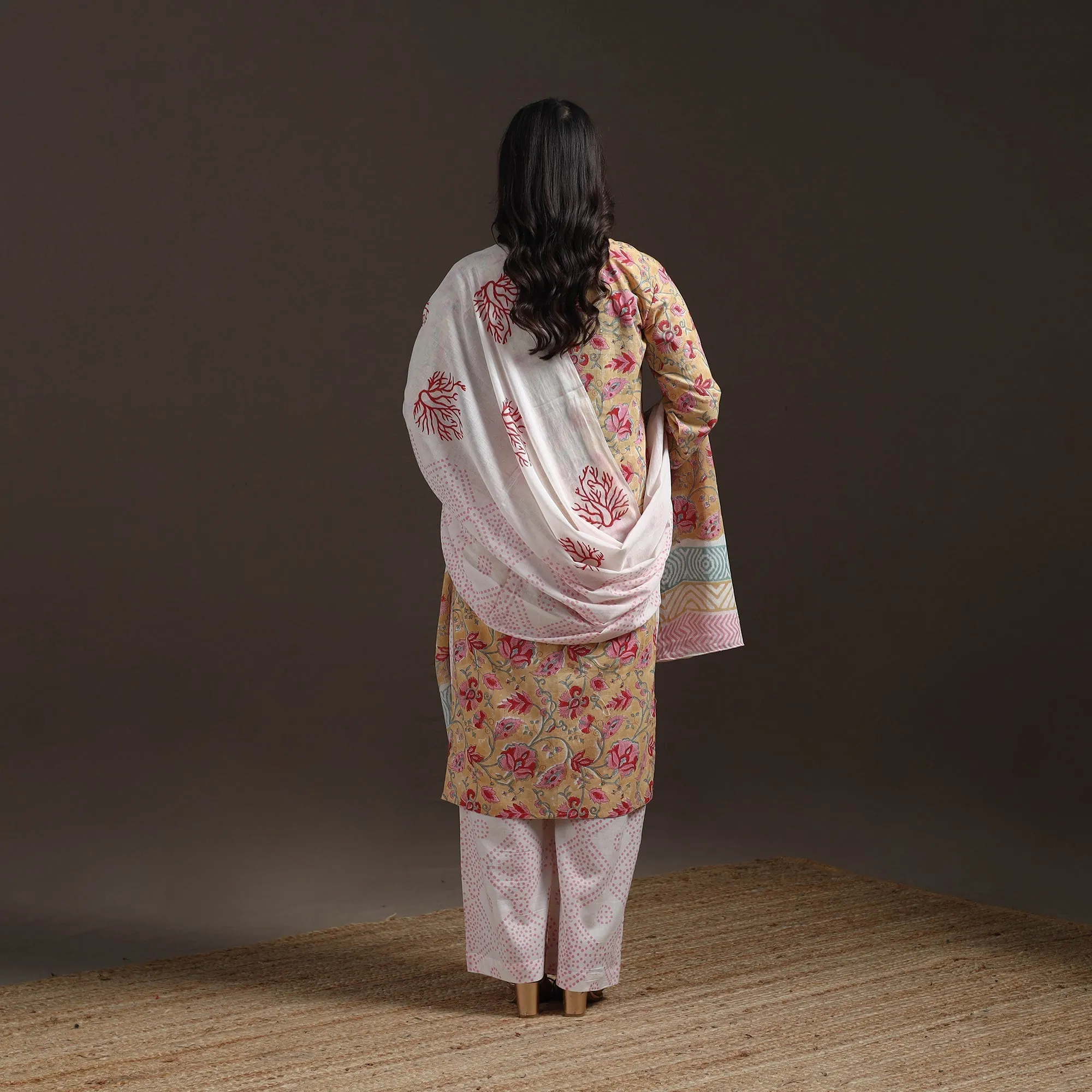 Beige - Hand Block Print Cotton Sanganeri Suit Set with Dupatta for women 11 sold by Itokri product image thumbnail 4