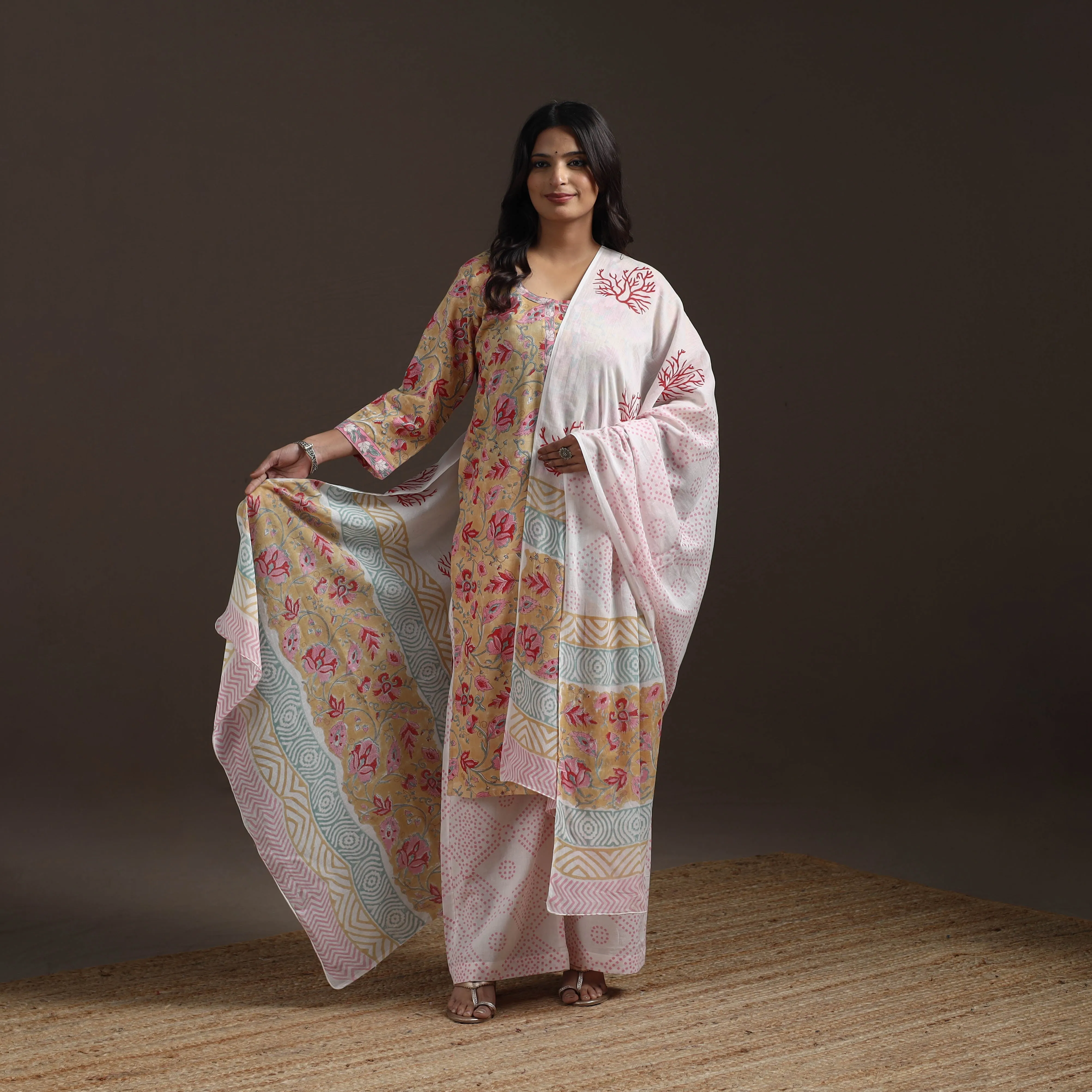 Beige - Hand Block Print Cotton Sanganeri Suit Set with Dupatta for women 11 sold by Itokri product image thumbnail 2