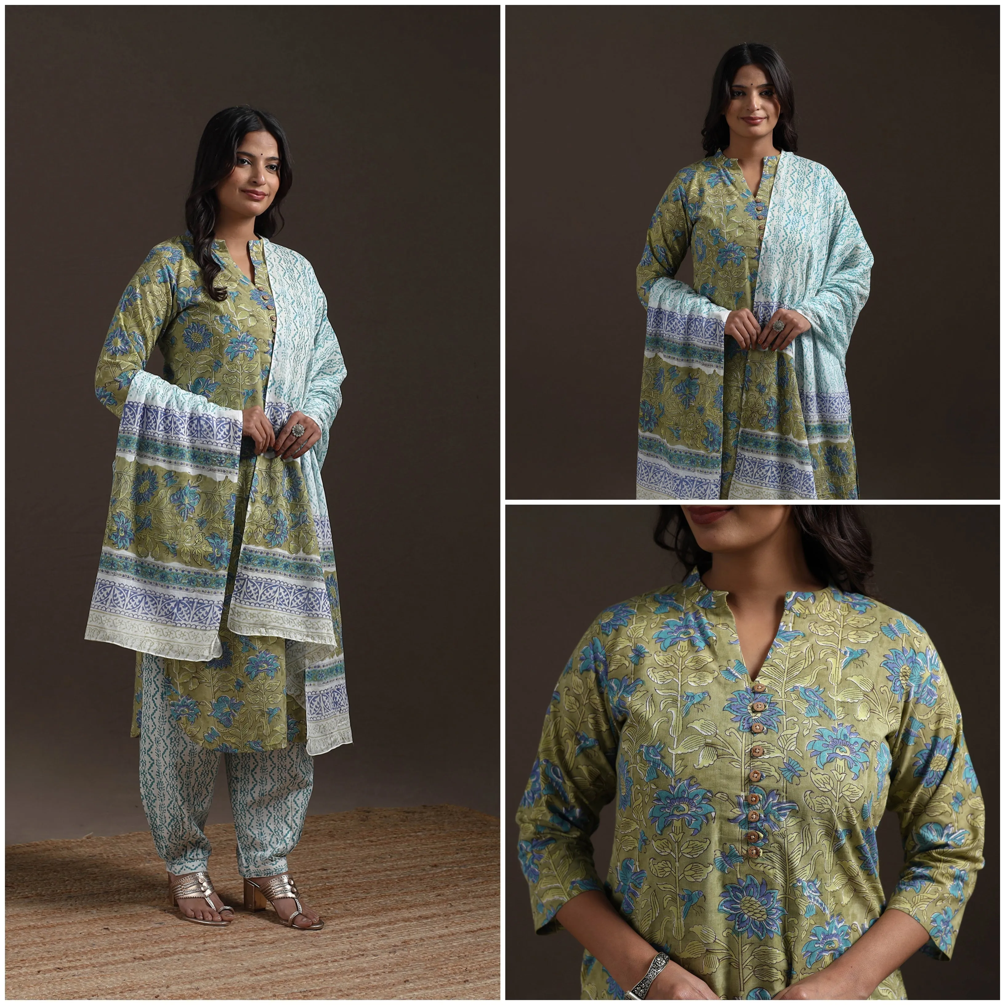 Green - Hand Block Print Cotton Sanganeri Suit Set with Dupatta for women 19 sold by Itokri product image thumbnail 3