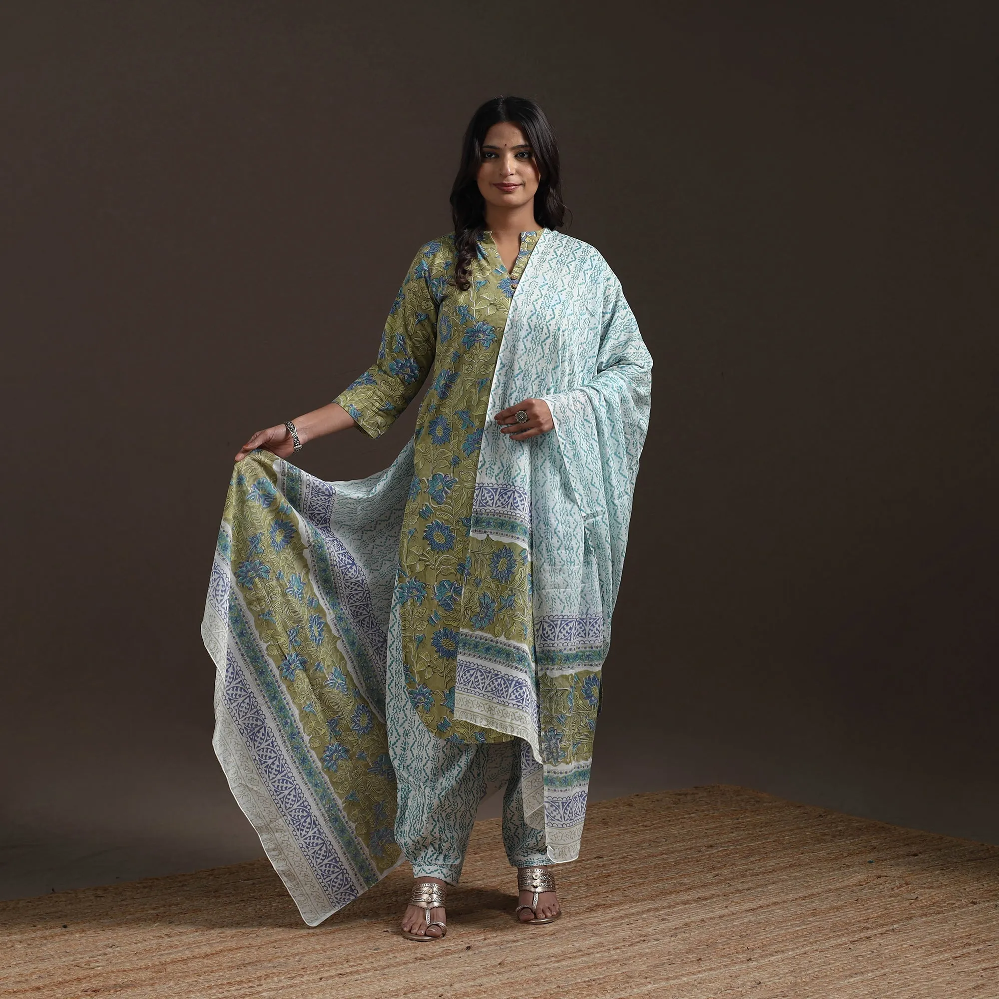 Green - Hand Block Print Cotton Sanganeri Suit Set with Dupatta for women 19 sold by Itokri product image thumbnail 2