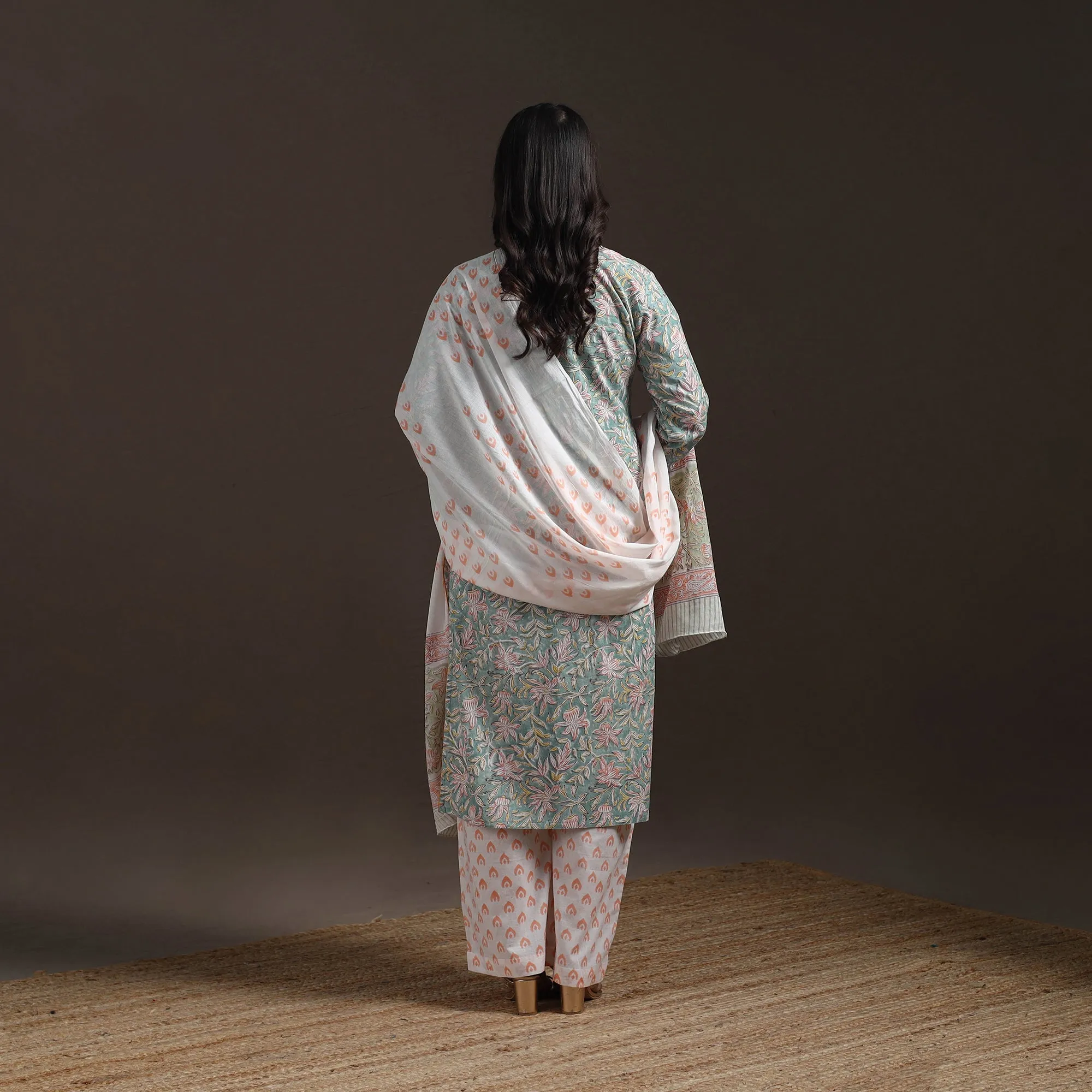 Green - Hand Block Print Cotton Sanganeri Suit Set with Dupatta for women 05 sold by Itokri product image thumbnail 4